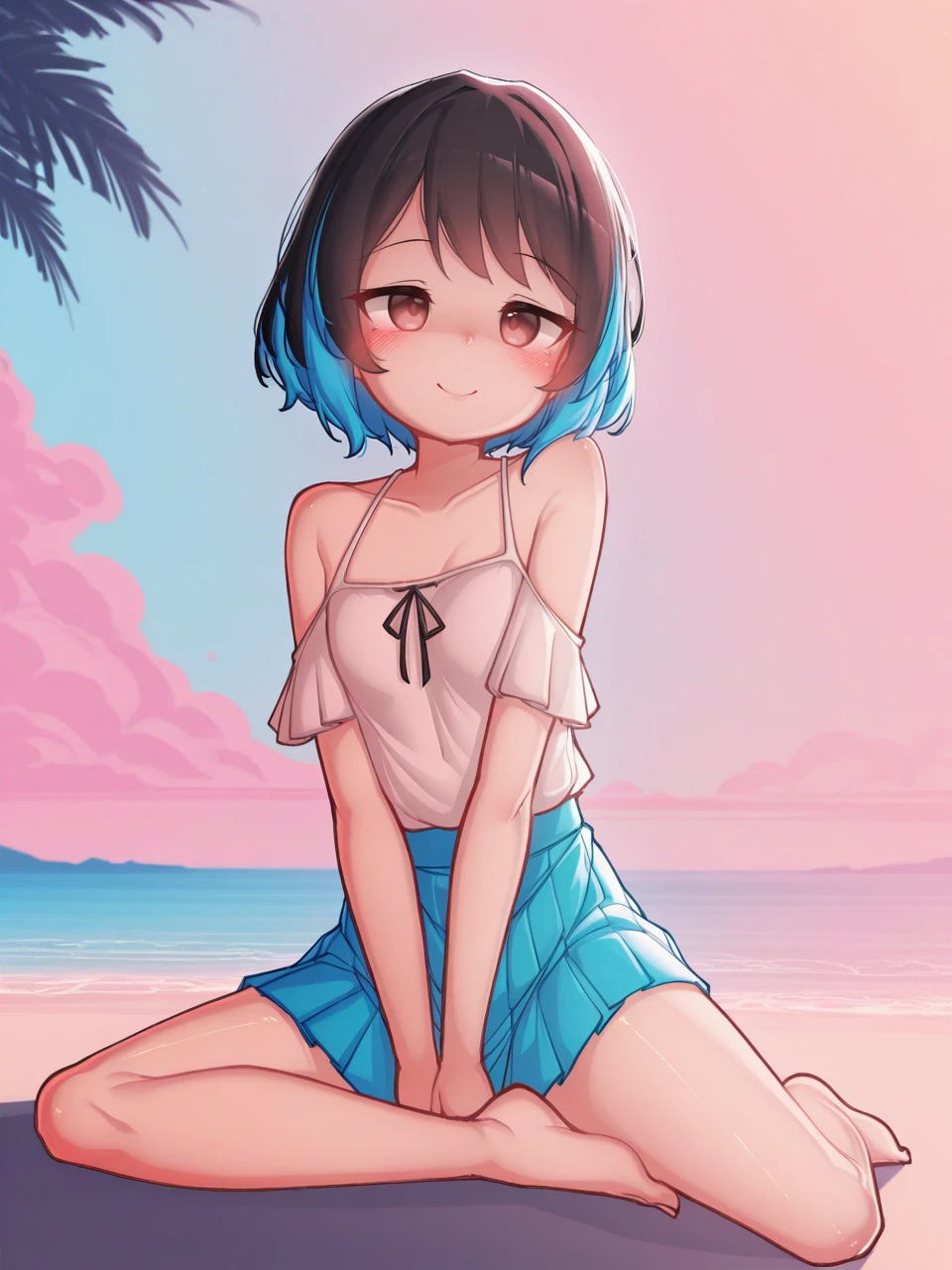score_9, score_7_up, best quality, ultra-detailed, highres , 2d, high contrast, colorful background, dark image, shade, dramatic lighting,
barefoot, striped, bare shoulders, solo, two-tone hair, cute, outdoors, fully clothed, skirt, smile,
<lora:Mochikushi:1>, mochikushi, lineart,