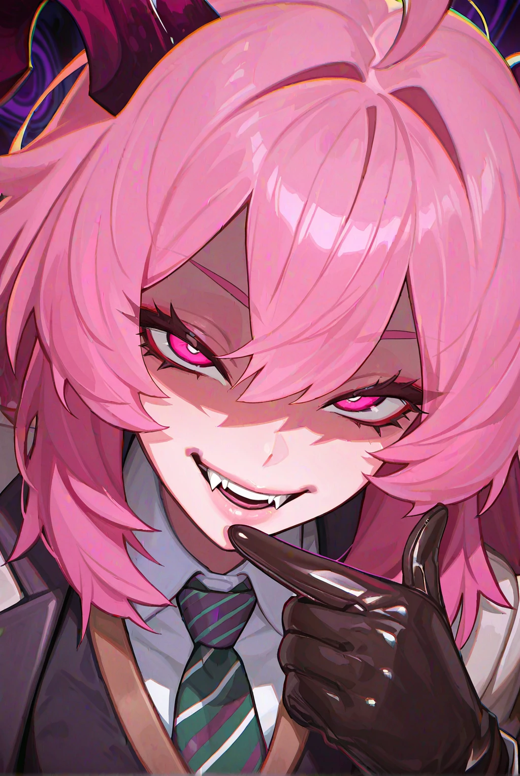 ((civchan, pink hair, iro_mugen_illu, perfection style, perfection, perfect, addmicrodetails )), newest, absurdres, highres, very aesthetic, sharp focus, ((Masterpiece :1.2)), ((Best quality :1.2)), perfect eyes, (pretty, cute, detailed face, beautiful detailed eyes), directional lighting, blooming, from above, from front, wide angle, ((loaded background composition)), 1girl, ahoge, blazer, chromatic aberration, collared shirt, diagonal-striped clothes, diagonal-striped necktie, evil grin, eyeshadow, facing viewer, fangs, finger to own chin, hair between eyes, horns, jacket, leather gloves, lipgloss, looking at viewer, makeup, messy hair, portrait, shaded face, slit pupils, smile, solo, striped clothes, vest, waistcoat