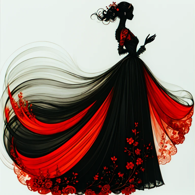 <lora:Art_Nouveau_Fashion_illustrationSD1:1> Art Nouveau Fashion illustration, The image shows a woman in a black and red dress with a long train standing against a white background. Her dress is adorned with intricate details such as lace beading and a long skirt that cascades down her back. Her hair is pulled back in a bun and she has a gentle expression on her face., 1girl, solo, dress, white background, full body, black dress, simple background, standing, long hair, profile