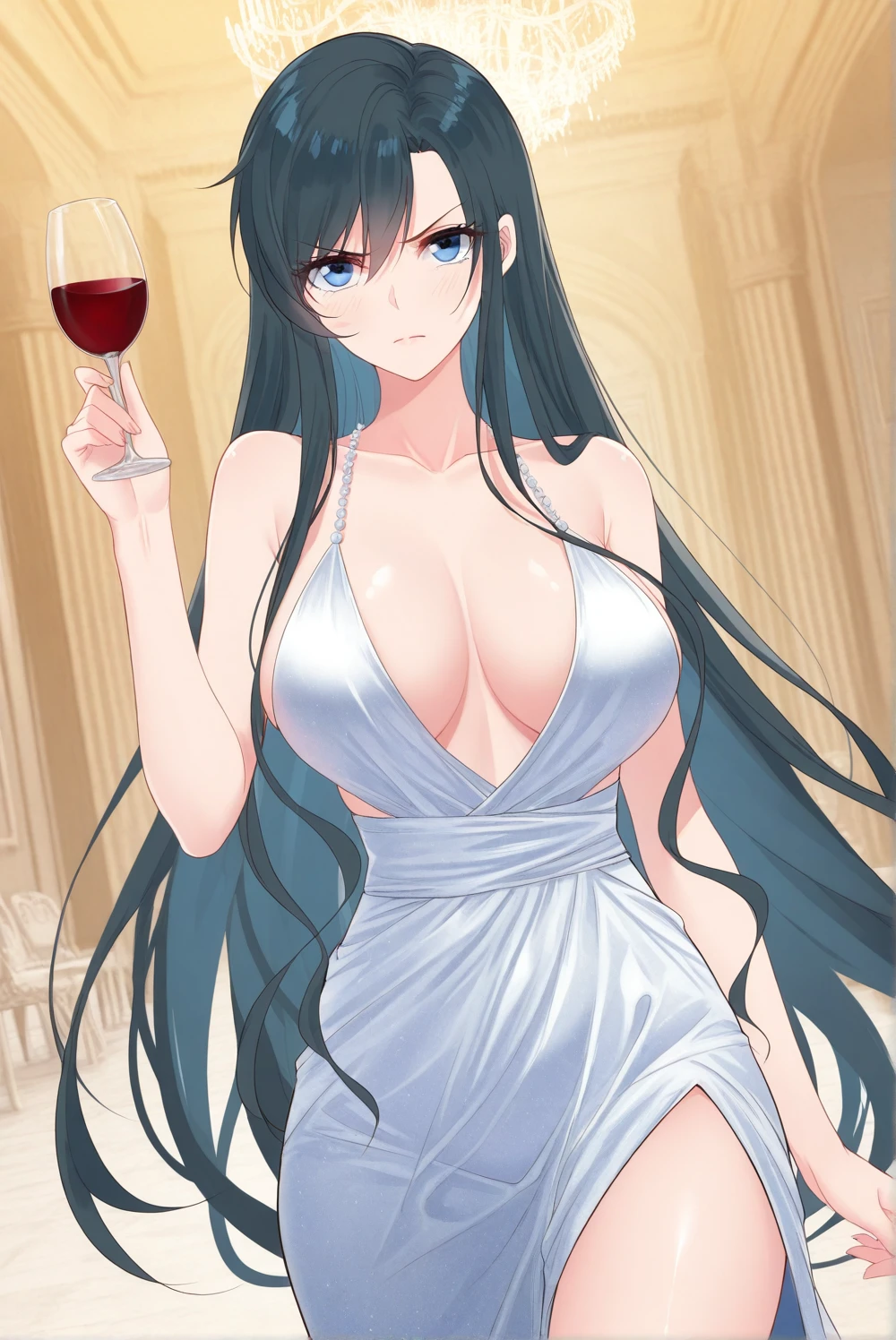 a woman wearing a white dress, outside a luxurious house, smiling, black hair, red eyes.