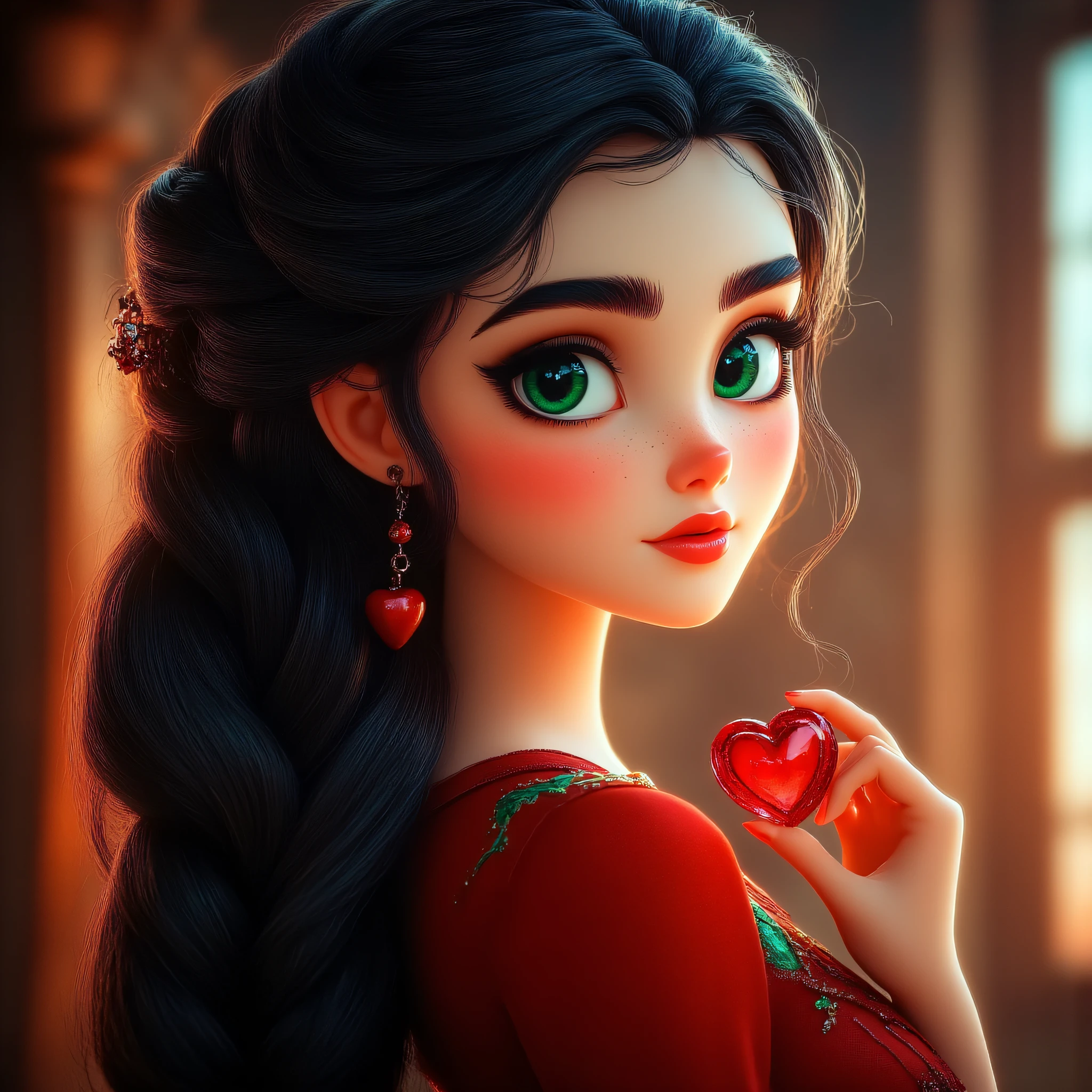 3D Fairytales, The image shows a girl with long black hair and green eyes wearing a red dress with a heart-shaped object in her hand against a blurred background., 1girl, solo, earrings, heart, braid, jewelry, looking at viewer, heart earrings, long hair, portrait
