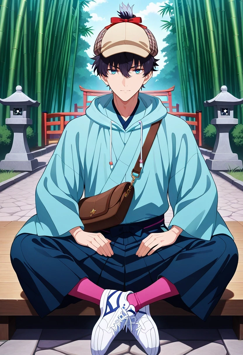 masterpiece, best quality, intricate details, anime screencap, , , looking at viewer, 1boy, solo, male focus, <lora:miyamoto_iori_ilxl:0.96>, miyamoto_iori, black hair, blue eyes, short hair, bangs, hair between eyes, topknot, japanese clothes, blue kimono, bamboo forest, stone lantern, koi pond, wooden bridge, meditation pose, serene expression, misty morning, Cherry Crepe Athletic leggings, Lavender Honeycomb Sleeveless muscle hoodie, Sneakers, Deerstalker hat, and andMessenger Bag