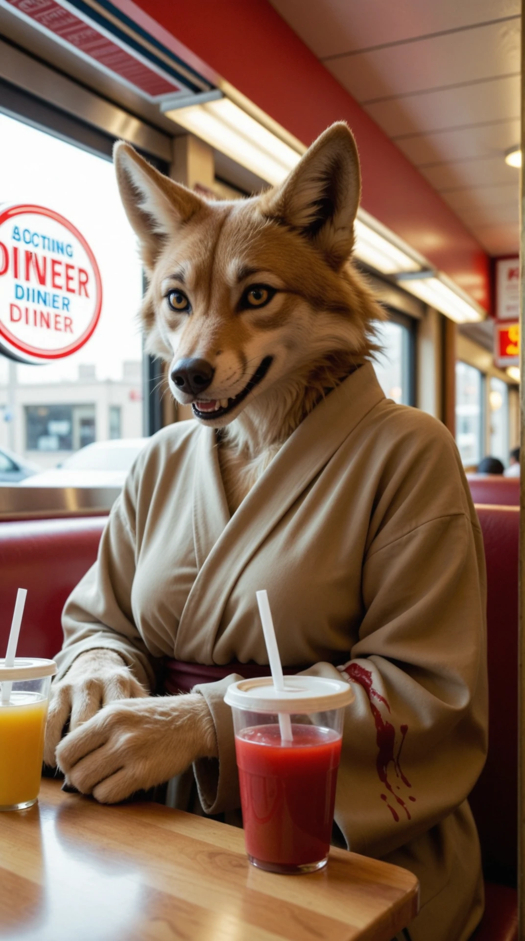 score_9, score_8_up, a furry anthro Maned Wolf female, ancient robe with pale yellow tint, ragged, blood on sleeves , wearing humanoid clothes, in a bustling city diner, sharing a booth as the world rushes by outside