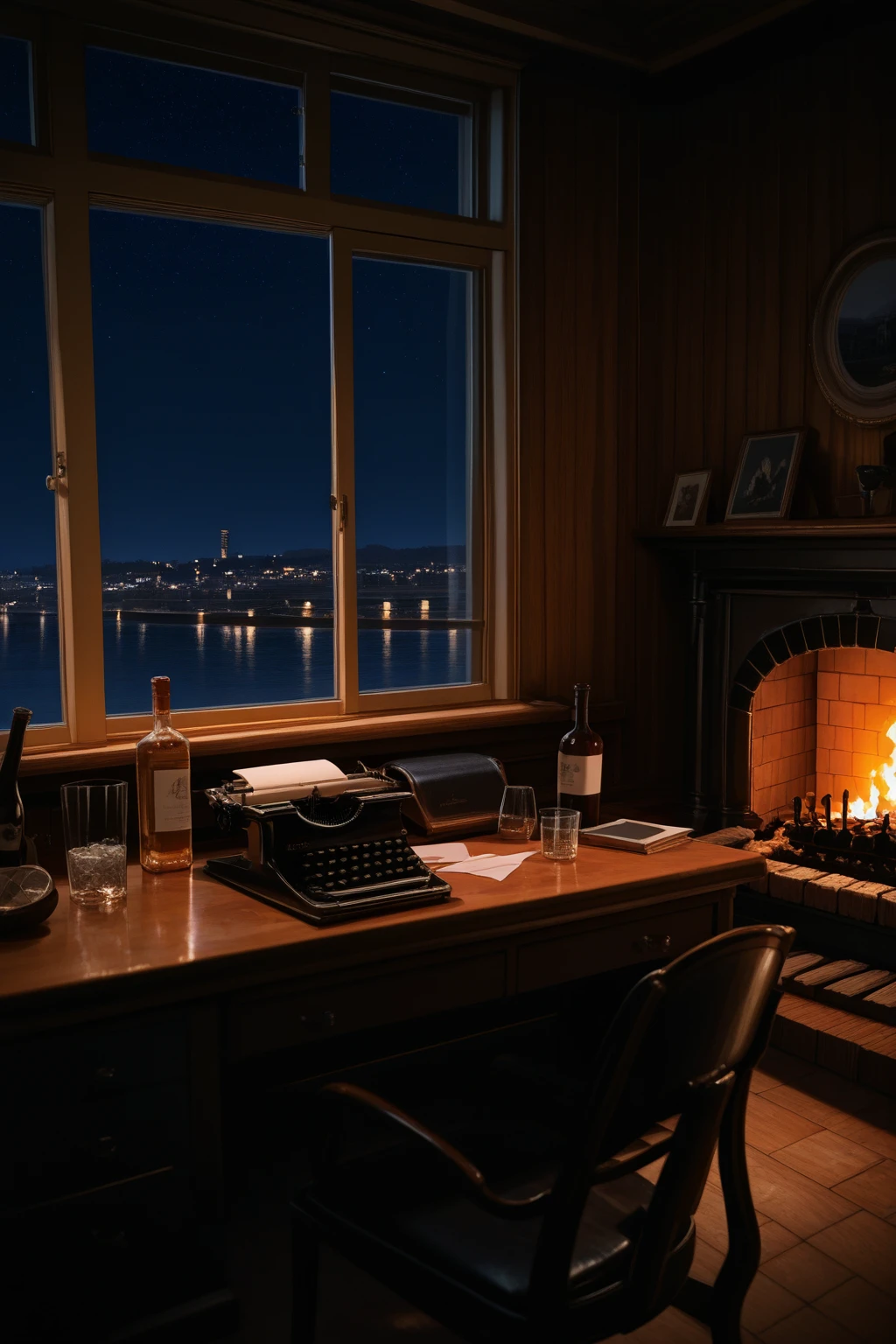 masterpiece,best quality,amazing quality, BREAK
An office, (fireplace:1.3),
wood desk, chair,
typewriter, Glass, Bottle,
window, night time, stars