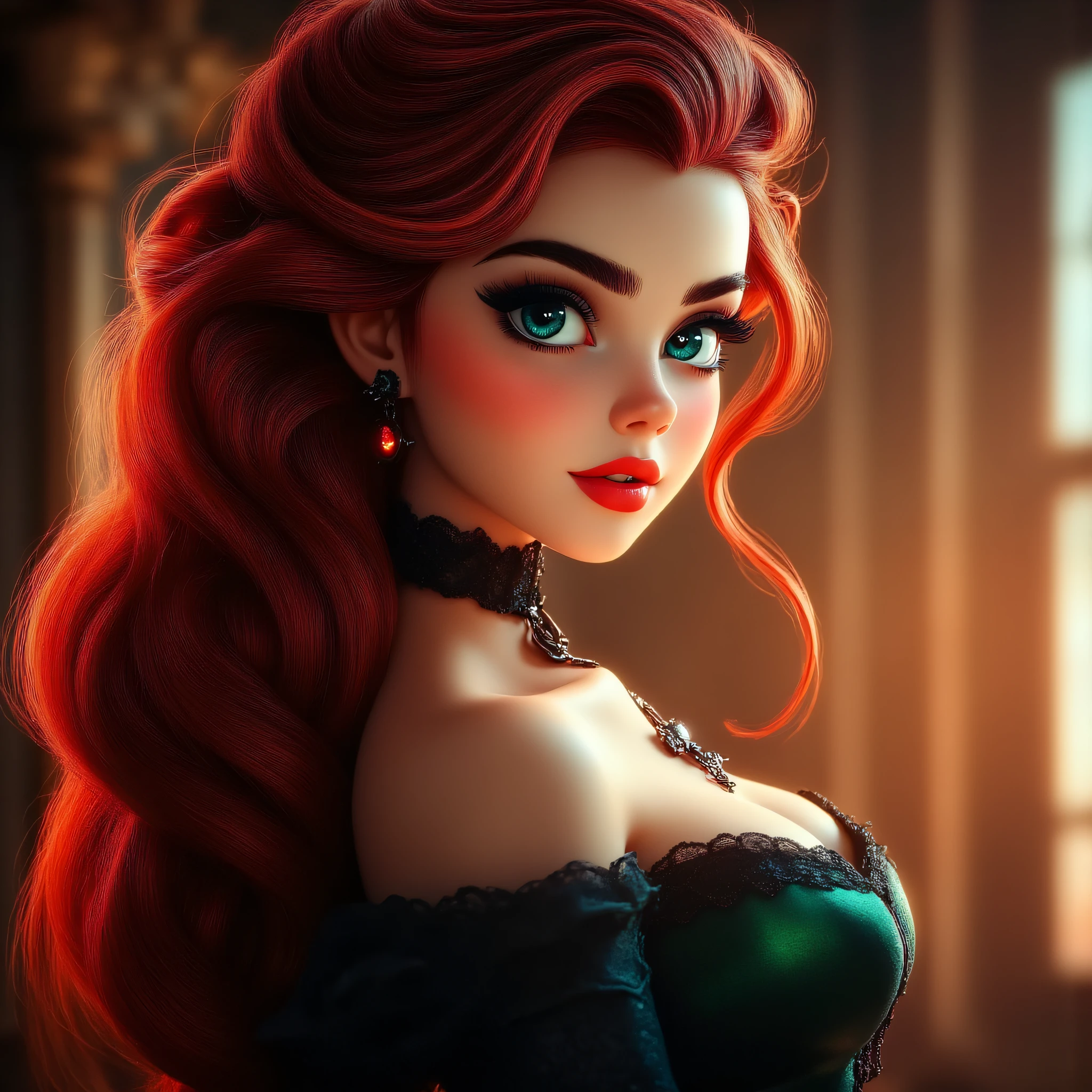 3D Fairytales, The image shows a woman with long red hair wearing a black dress standing in front of a blurred background. Her face is clearly visible with her eyes looking directly at the viewer., 1girl, solo, red hair, jewelry, dress, long hair, earrings, makeup, breasts, floating hair