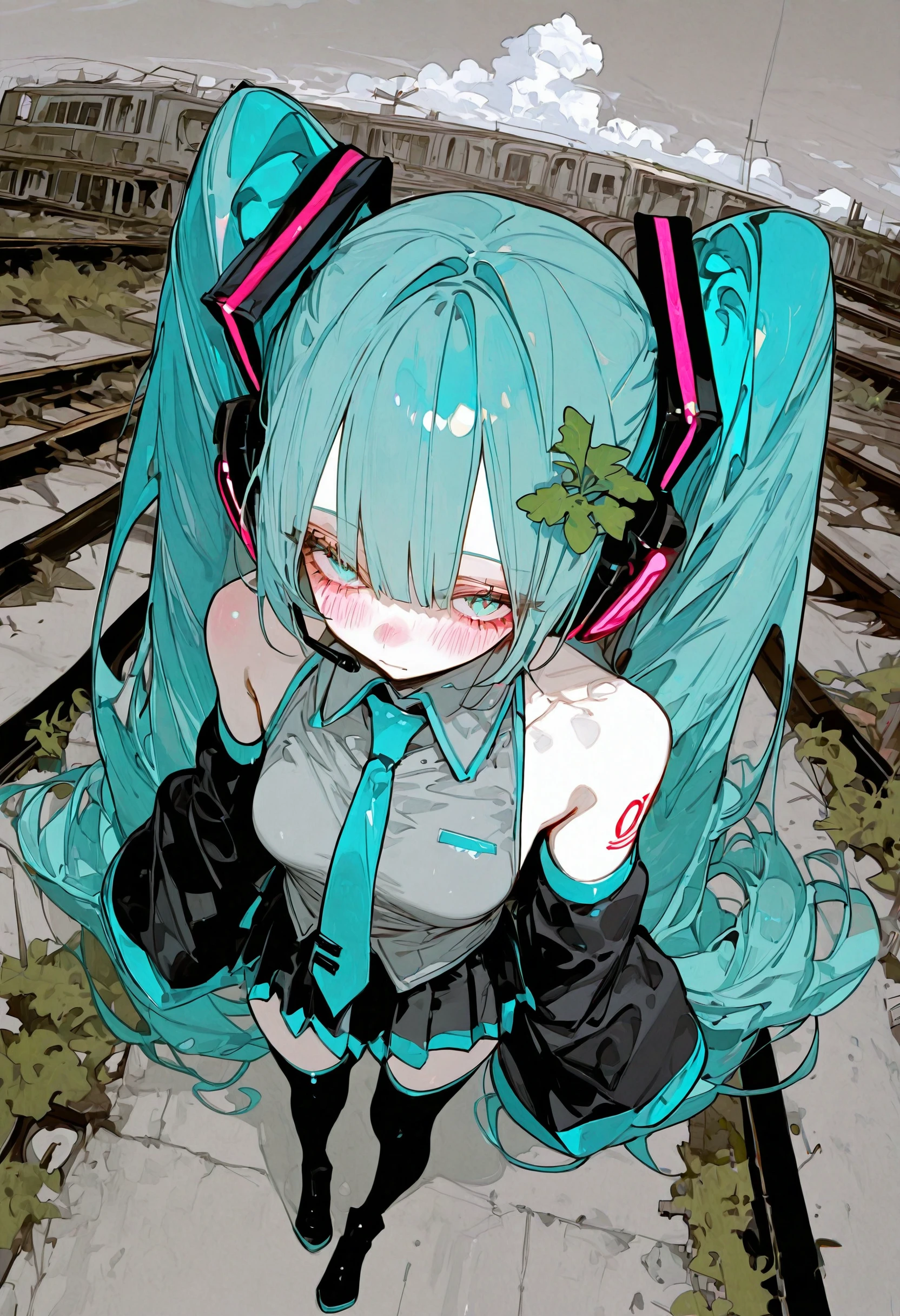 <lora:c2FnYXdhX2dhd2E=-illustriousXL_v01_V1-CAME>, c2Fn, hatsune miku, 1girl, solo, twintails, detached sleeves, skirt, long hair, necktie, ruins, aqua hair, aqua necktie, looking at viewer, shirt, fisheye, outdoors, sleeveless, tattoo, aqua eyes, grey shirt, sleeveless shirt, headphones, pleated skirt, black skirt, headset,  shoulders, foreshortening, very long hair, black sleeves, thighhighs, grey sky, boots, blush, post-apocalypse, road, hair ornament, shoulder tattoo, sky, perspective, cloudy sky, cloud, thigh boots, zettai ryouiki, railroad tracks, closed mouth, black thighhighs, miniskirt, sleeves past wrists, from above, standing, number tattoo, collared shirt, black footwear, overgrown, full body, sleeves past fingers, vanishing point, street, 