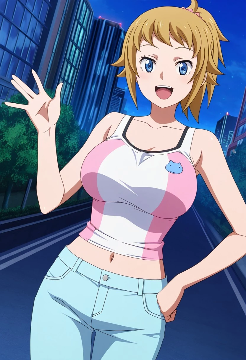 general,highres, ultra-detailed,very aesthetic,best quality ,best hands,best eyes,easynegative,
dynamic anglre, dutch angle, anime cloring,anime screencap,
1girl solo,looking at viewer,city,outdoors smile, waving hand, hand on hip, open mouth,
Fumina Hoshino,yellow_hair, ponytail, huge_breasts, blue_eyes,tank top, navel,pants,