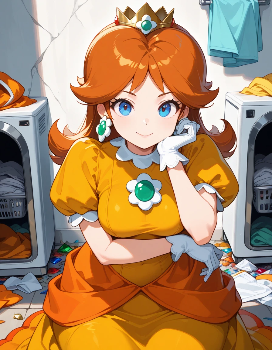 masterpiece, best quality, amazing quality,, <lora:princess-daisy-illustriousxl-lora-nochekaiser:1>, princess daisy, blue eyes, long hair, orange hair, mature female, medium breasts,, crown, daisy, dress, flower, gem, gloves, orange dress, puffy short sleeves, puffy sleeves, short sleeves, white gloves,, head rest, smile,, messy room, clutter, clothes_on_floor, disorganization, laundry, cowboy shot, solo, looking at viewer
