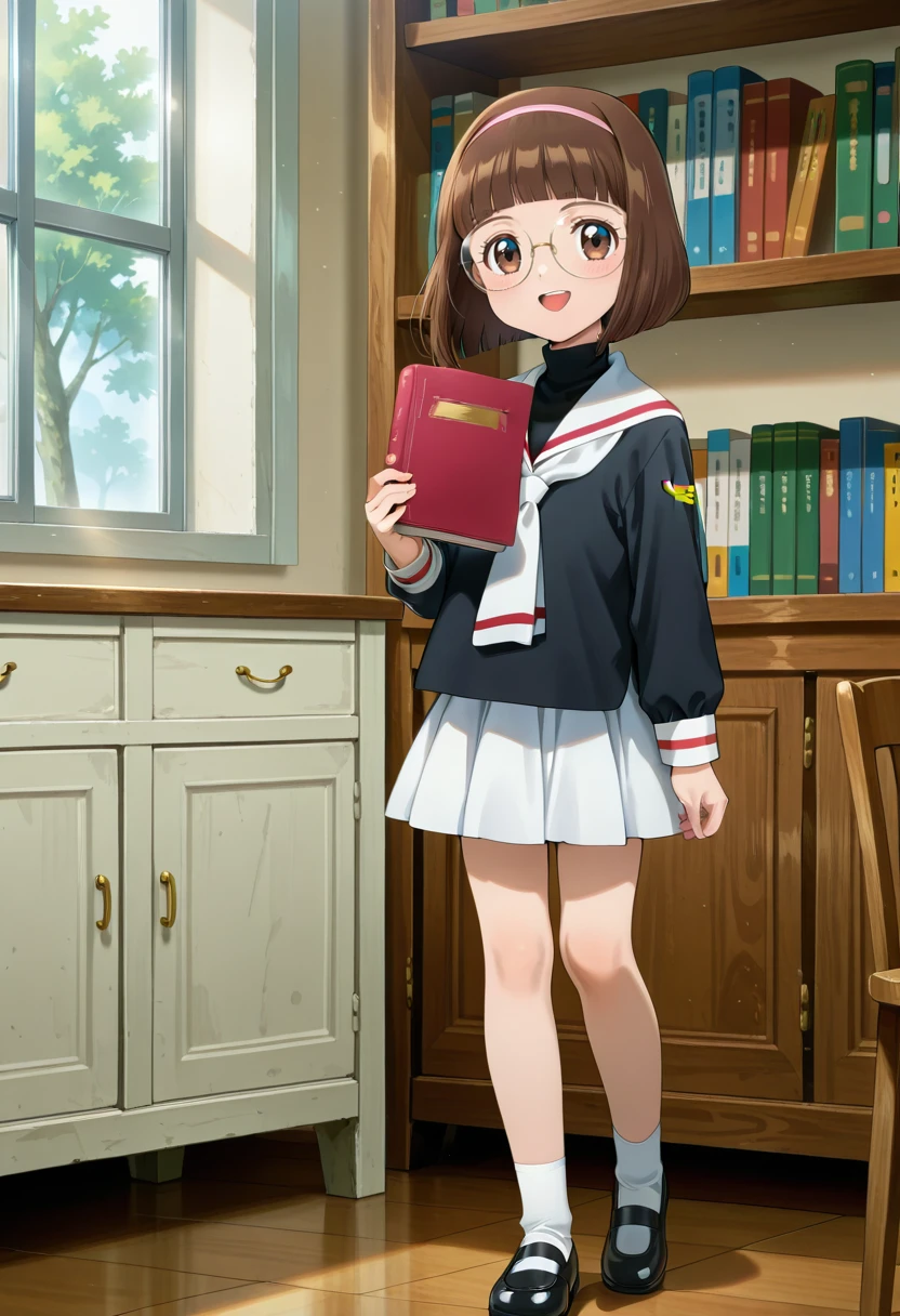 library,
BREAK,
open smile, holding books,
full body, dynamic angle,
BREAK,
<lora:sannin_illustriousXL_v03:0.9>
naokoDef, brown hair, short hair, brown eyes, round eyewear, blunt bangs, pink hairband,
tomoeda elementary school uniform, black shirt, turtleneck, white skirt, pleated skirt,, source_anime, very aesthetic, anime coloring, masterpiece,
best quality, amazing quality, ultra detailed, very aesthetic,
detailed background,
BREAK,