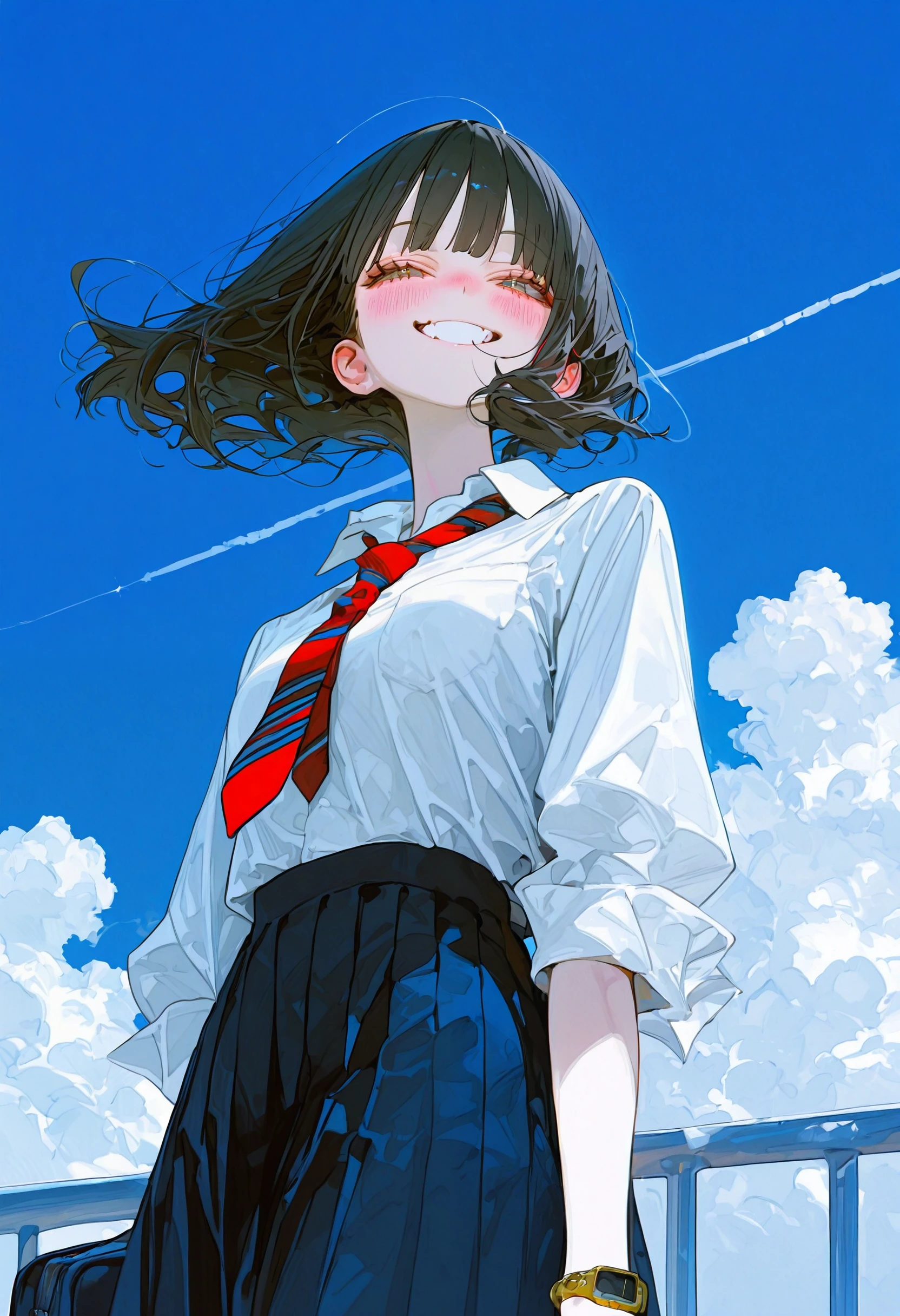 <lora:c2FnYXdhX2dhd2E=-illustriousXL_v01_V1-CAME>, c2Fn, 1girl, smile, solo, bag, necktie, sky, cloud, wristwatch, shirt, watch, outdoors, looking at viewer, blush, grin, white shirt, school uniform, railing, blue sky, day, school bag, red necktie, floating hair, short hair, bracelet, black hair, teeth, against railing, wind, contrail, from below, jewelry, striped necktie, shirt tucked in