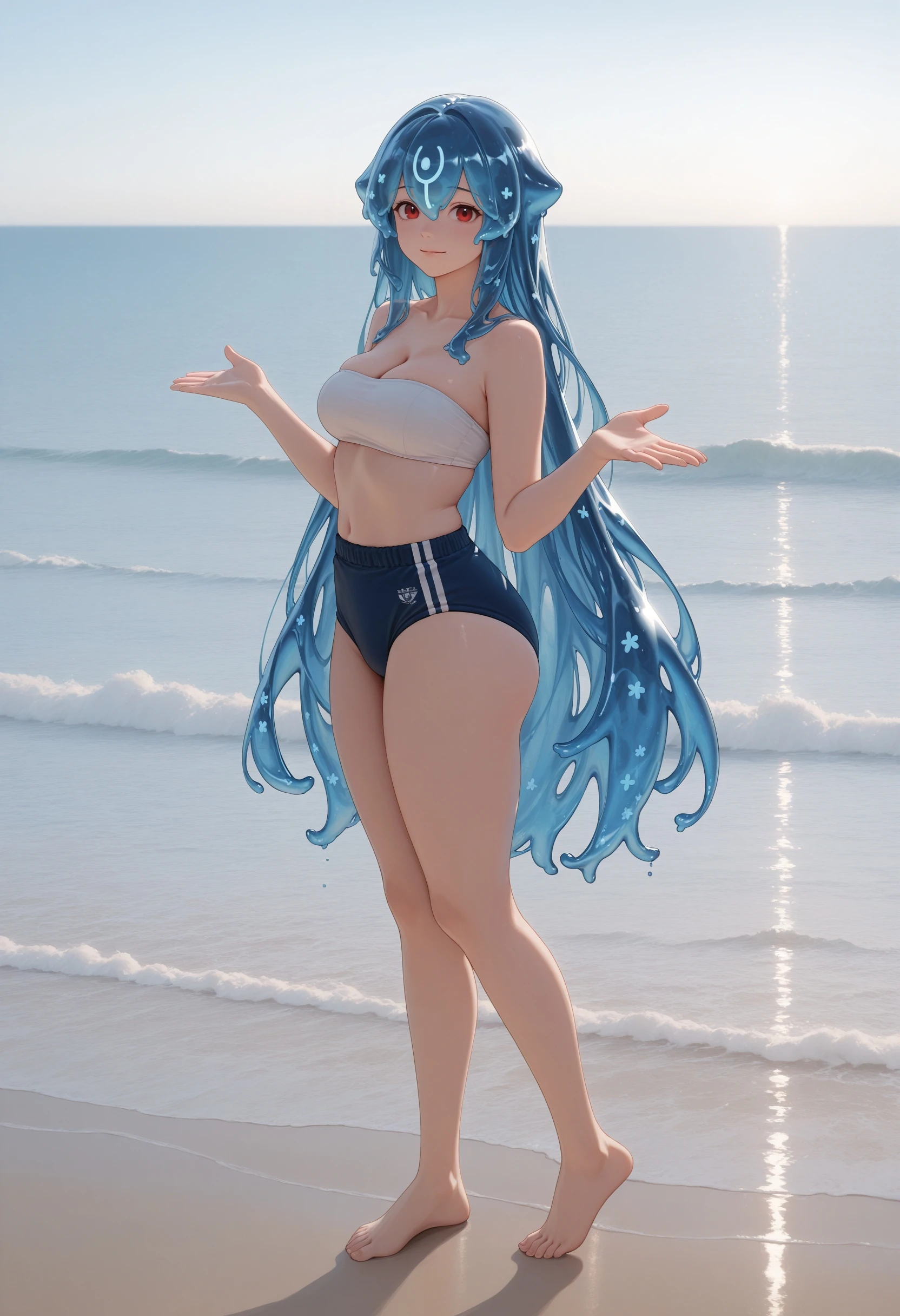 A closeup of a woman with long blue hair and a blue bikini, blue eyes, 8K High quality detailed art, 3D render 8K character art, water fairy, realistic bikini, asian female body, 3D style anime, 3D realistic anime, water goddess, 3D anime girl, Konosuba anime Aqua cosplay