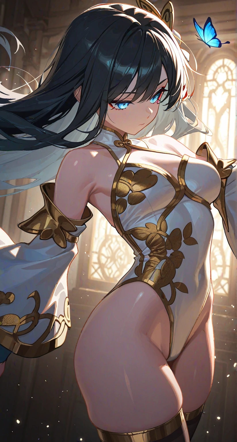 masterpiece, best quality, very aesthetic, high resolution, ultra-detailed, absurdres, newest, detailed eyes, beautiful, perfect lighting, hi res, amazing quality, very awa, painting_(artwork), dynamic angle, dynamic pose, 1girl, long hair, detached sleeves, butterfly, bug, wide sleeves, black hair, blue eyes, thighhighs, closed mouth, bare shoulders, medium breasts, cowboy shot