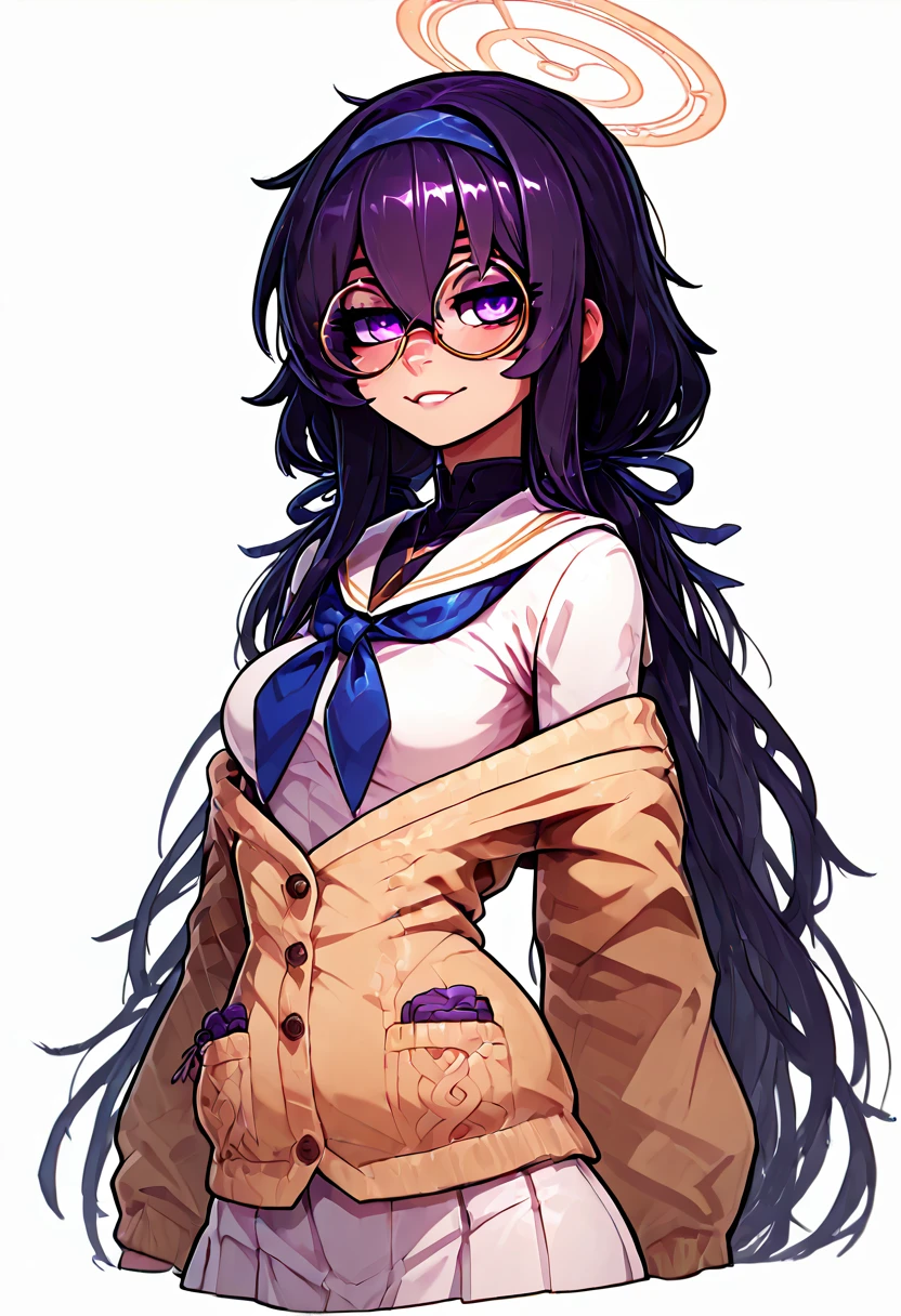 masterpiece, best quality, medium breasts, (curvy), zzUi, purple eyes, long hair, black hair, hairband, halo, bags under eyes, hair between eyes, blue hairband, very long hair, cardigan, long sleeves, pleated skirt, white skirt, white sailor collar, blue neckerchief, necklace, white serafuku, long skirt, sweater, low twintails, off shoulder, (upper body, EXTREMELY EXHAUSTED:1.3), , <lora:UiBlueArchive_NAI:1.0>,, smile, looking at viewer, cowboy shot, side view, wide hips, ,skindentation ,<lora:ElfFio_NAI_v2:1.0>,