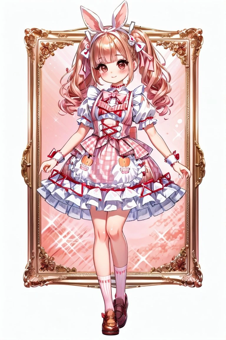 (fullbody, front facing, facing viewer) 1girl, (Licca-chan, doll), doll joints, long hair, two-tone hair, blonde and light brown hair, two side up, twintails, big sparkling black eyes, makeup, long eyelashes, detailed lips, blush, smile, (fashion) light pink and white rabbit print ta_dress, pinafore dress, light pink puffy short sleeves, carrot waist ornament, pastel orange waist ribbon, waist ribbon, frills, ruffles, red plaid attached ribboned skirt, bow skirt, white hip_ribbons, bows, white bows, light pink bows, orange bows, hair ornament, hair ornaments, hair ribbons, white and pink frilled headband, rabbit hair ornament, jewelry, white and red gingham print loose socks, brown loafers