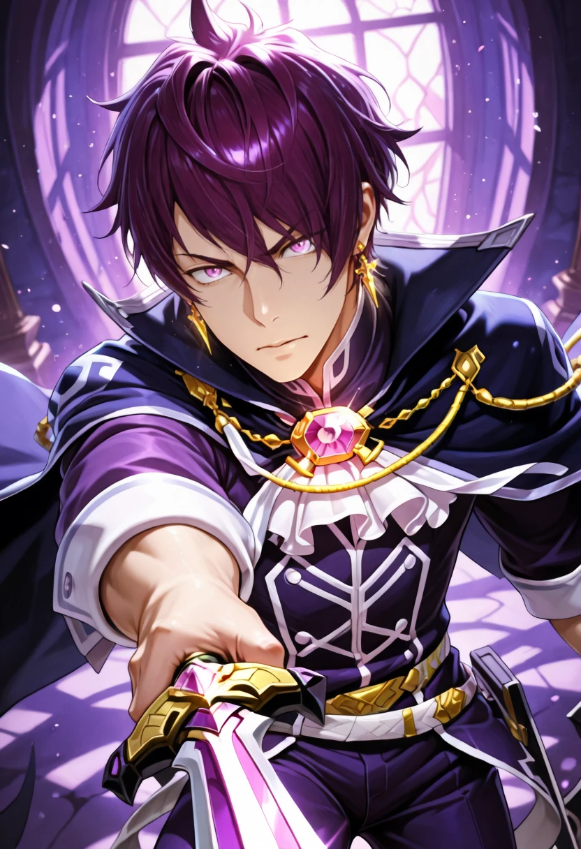 The God of destruction, male anime character, floating in the air, has chains all around him, the chains are floating around him, he is holding a sphere with chains around it, he is a god, he has black and purple clothing, the chains are black, the sphere is black and purple, he is mature, he look masculine, he has black short hair, he does not look young, he is in is 30s, he has loots of muscles 