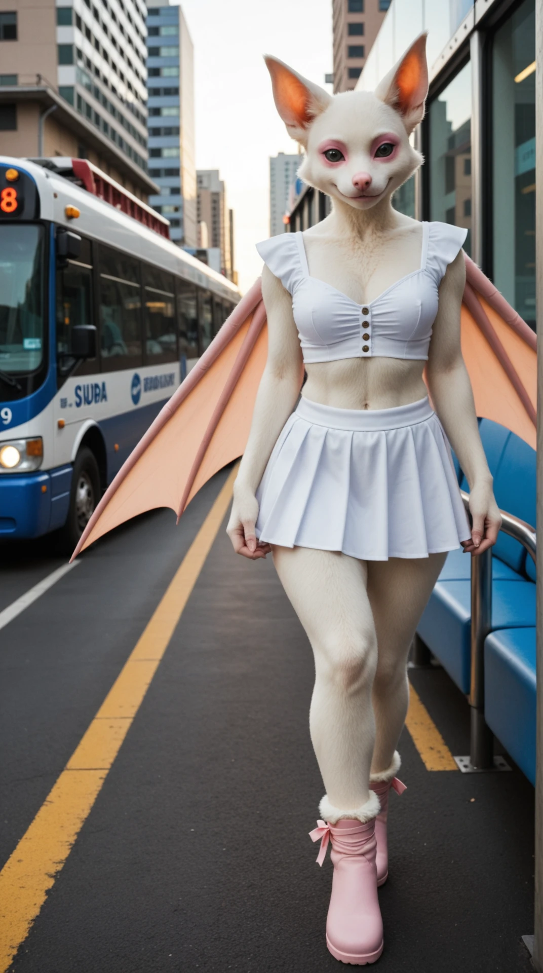 score_9, score_8_up, a furry anthro Honduran White Bat female, ankle-length skirt with wing-shaped hem, booties, wearing humanoid clothes, in a city bus at dawn, watching the sun rise over quiet streets