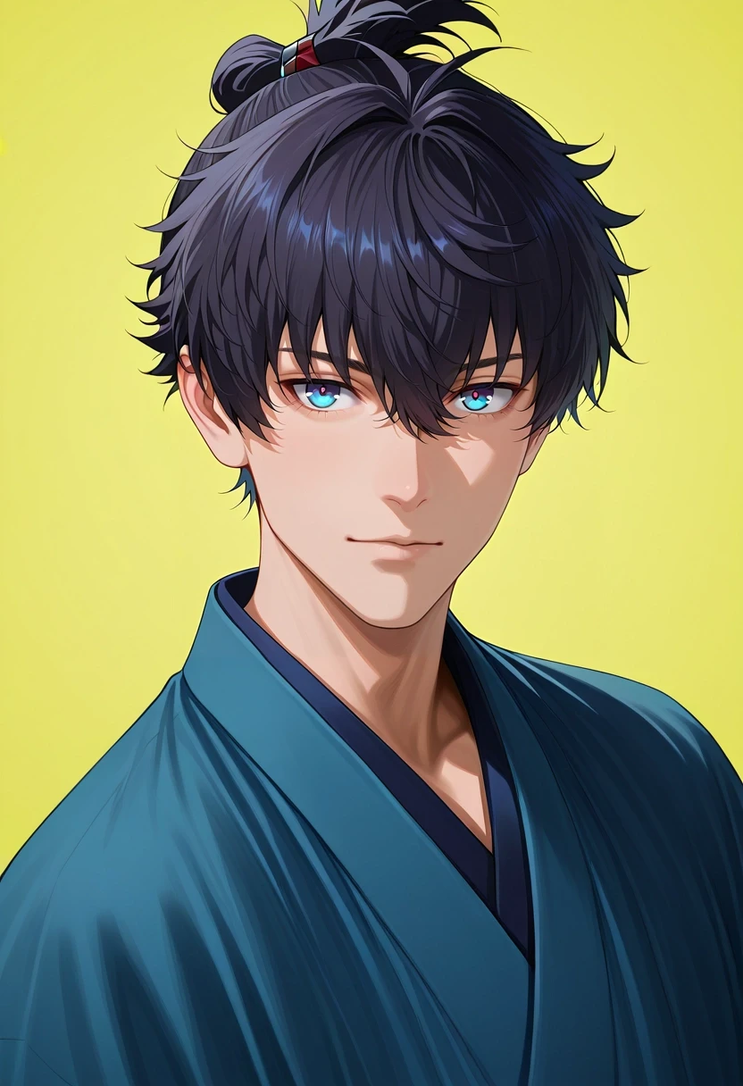 masterpiece, best quality, , (photorealistic:0.6), looking at viewer, 1boy, solo, male focus, <lora:miyamoto_iori_ilxl:1>, miyamoto_iori, black hair, blue eyes, short hair, bangs, hair between eyes, topknot, japanese clothes, blue kimono,