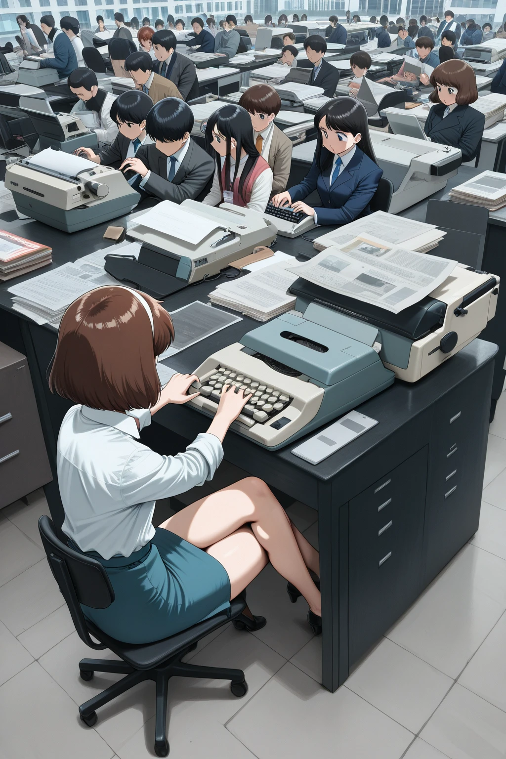 masterpiece,best quality,amazing quality, source_anime, BREAK
a busy office building for a newspaper in the 1950s,
Young reporters throughout the office,
electric typewriter, (typing:1.2), cable, papers, Crossed Legs, desks, people