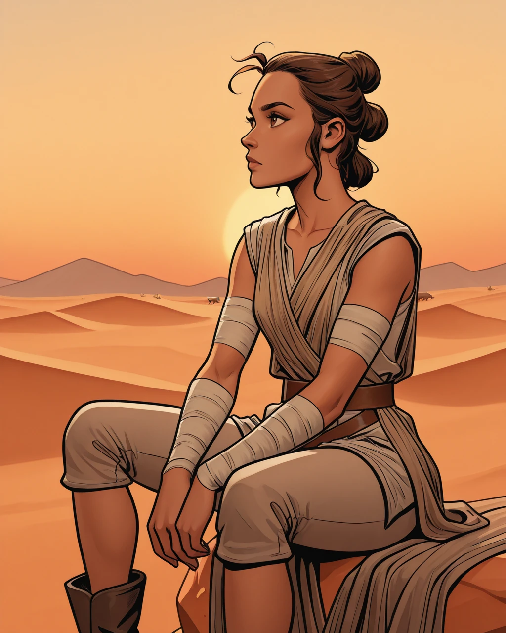 masterpiece, best quality, absurdres, perfect quality, absolutely eye-catching, <lora:ReyComicIllus:1> reycomic, sidelocks, hair bun, brown hair, brown eyes, grey tunic, bandages, shorts, belt, desert, sitting, boots, looking away, sunset, solo