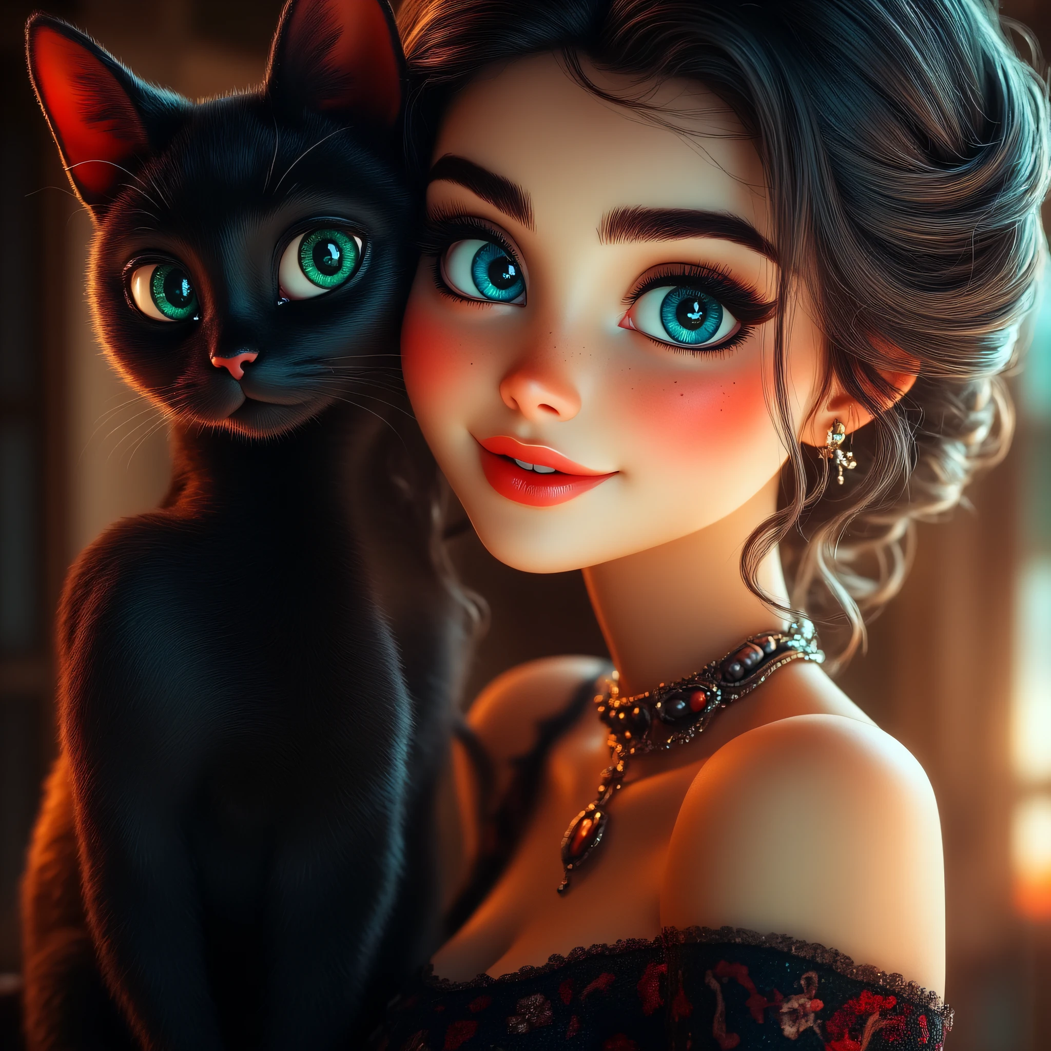 3D Fairytales, The image shows a woman with blue eyes and a black cat sitting on her lap. She has a human face and is wearing a necklace., 1girl, cat, jewelry, looking at viewer, black cat, animal, freckles, necklace, solo, bare shoulders