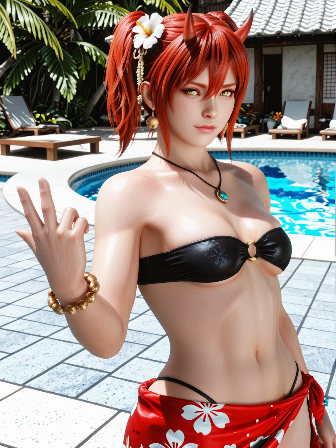 (1 girl wearing china dress　in front of navel, Skirt style bikini,midrff,navel cut out:1.3), (red skirt:1.3), , professionattire, high heels, masterpiece, best quality, HD, 8K, Ultra- high resolution, Extreme Detail, Super detailed, beautiful eyes, beautiful hair, Beautiful side, beautiful skin, curvy, Tamaki, Cosmic Eyes,