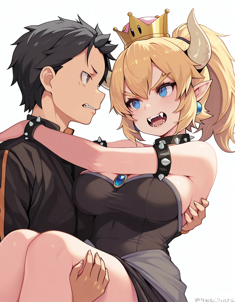 masterpiece, best quality, amazing quality,, <lora:bowsette-illustriousxl-lora-nochekaiser:1>, bowsette, blue eyes, blonde hair, ponytail, medium hair, sidelocks, pointy ears, horns, crown, teeth, fangs, mature female, breasts,, <lora:princess-carry-illustriousxl-lora-nochekaiser:1>, princess carry, hetero, carrying,, <lora:subaru-natsuki-illustriousxl-lora-nochekaiser:1> natsuki subaru, short hair, black hair, brown eyes, spiky hair, 1boy
