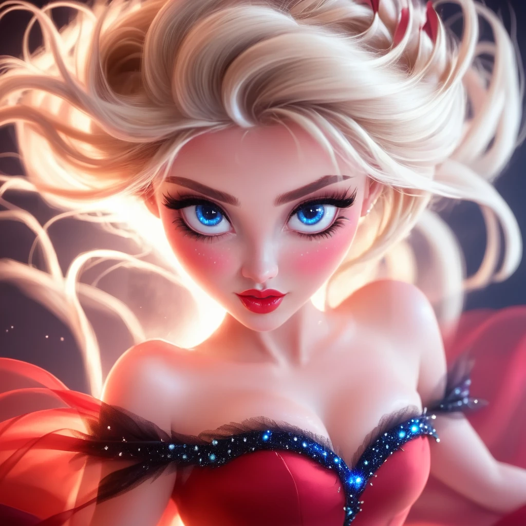 3D Fairytales, The image shows a woman with blonde hair and blue eyes wearing a red dress set against a dark background. Her face is animated giving the image a dynamic feel., 1girl, solo, blue eyes, eyelashes, makeup, looking at viewer, freckles, glowing, lips, blonde hair <lora:3D_FairytalesSDXL:1>