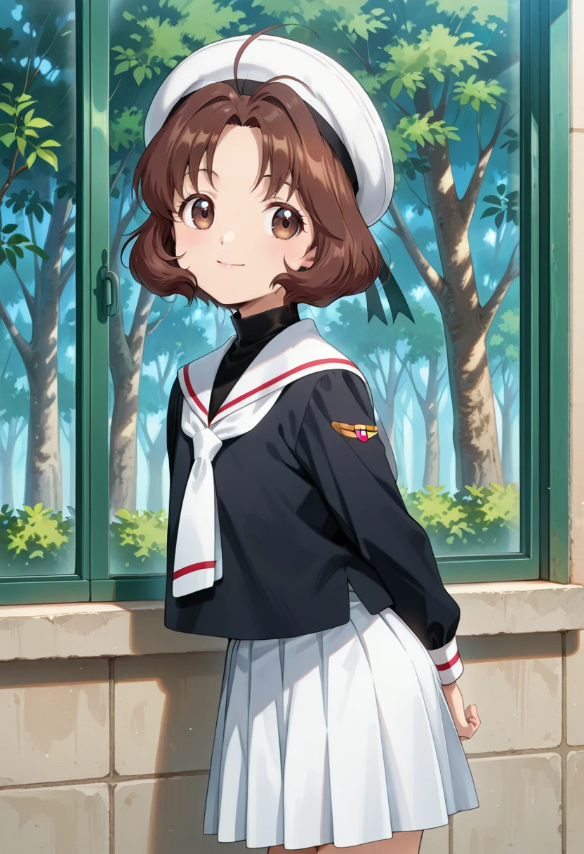school, outdoor,
BREAK,
light smile, from behind, looking at viewer, looking back, hands behind back,
cowboy shot, dynamic angle,
BREAK,
<lora:sannin_illustriousXL_v03:0.9>
rikadef, short hair, brown hair, brown eyes, parted bangs,
tomoeda elementary school uniform, black shirt, turtleneck, white skirt, pleated skirt,
white socks, black mary janes, white beret,, source_anime, very aesthetic, anime coloring, masterpiece,
best quality, amazing quality, ultra detailed, very aesthetic,
detailed background,
BREAK,