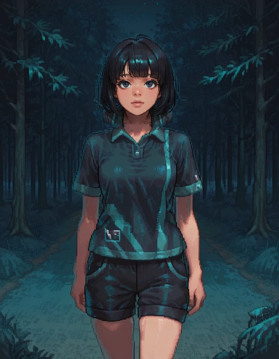 1girl, solo, shorts, shirt, bangs, short sleeves, black eyes, short hair, black shorts, black hair, feng <lora:Feng_Min_Dead_by_DaylightIIIustrious:1>forest, night, realistic <lora:PixelStyle-GLora-Illustrious-V1:0.8> modern pixel art, retro pixel art, pixelated, retro