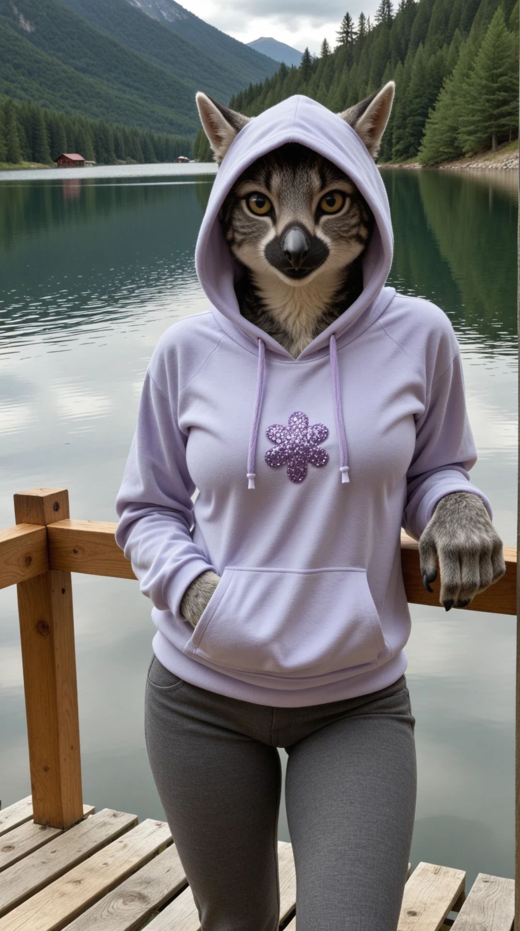 score_9, score_8_up, a furry anthro Gray Catbird female, layered hoodie with Lavender Sequin Bralette paw pattern accents, fitted undershirt , , on a secluded mountain lake dock, where the air is fresh and quiet
