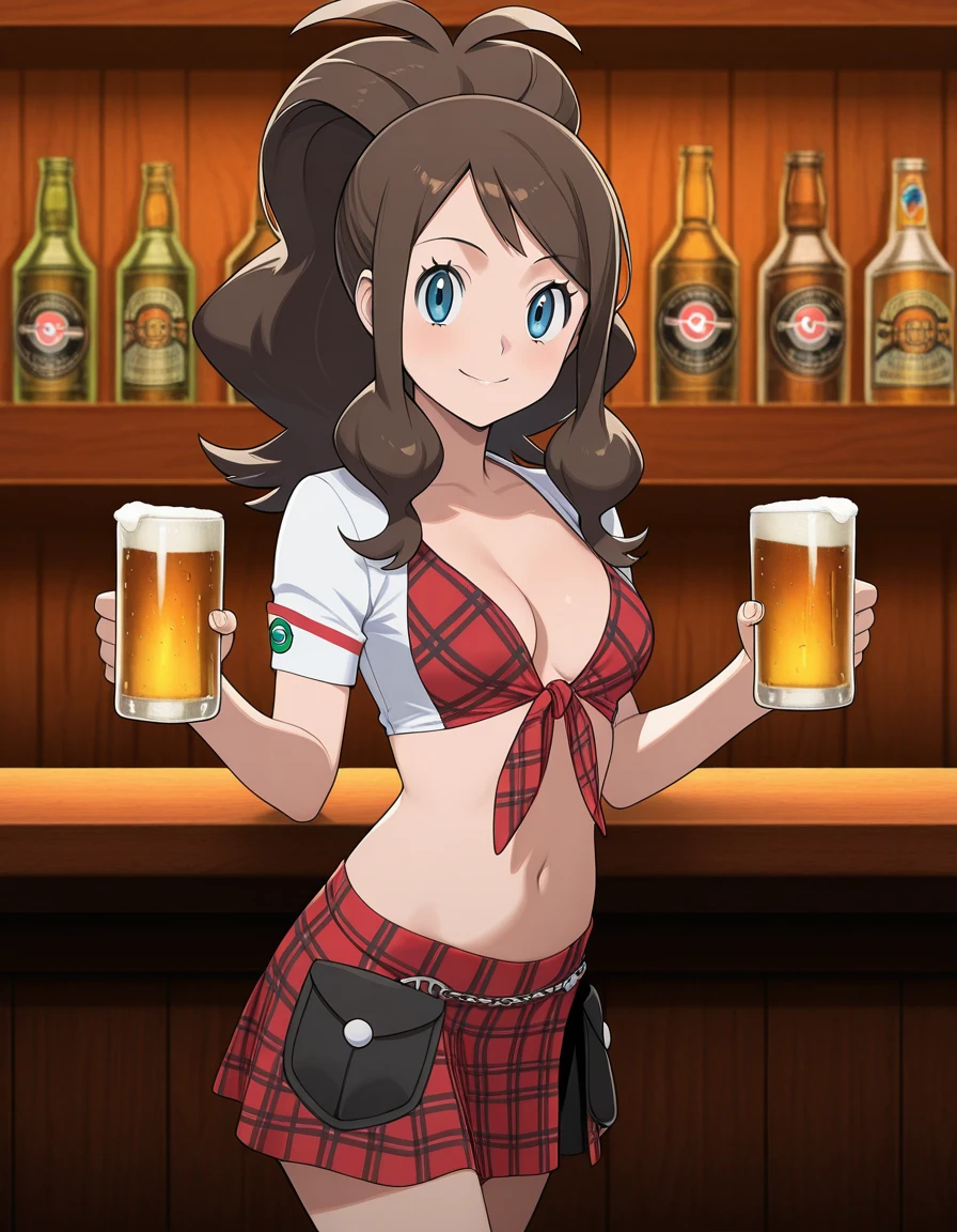masterpiece, best quality, amazing quality,, <lora:pokemon-hilda-illustriousxl-lora-nochekaiser:1>, hilda, hilda (pokemon), blue eyes, brown hair, long hair, ponytail, mature female, small breasts, anime screencap,, <lora:tilted-kilt-waistress-uniform-illustriousxl-lora-nochekaiser:1>, tilted kilt waistress uniform, midriff, skirt, cleavage, front-tie top, plaid, bar, smile, beer, holding beer, cowboy shot, looking at viewer,