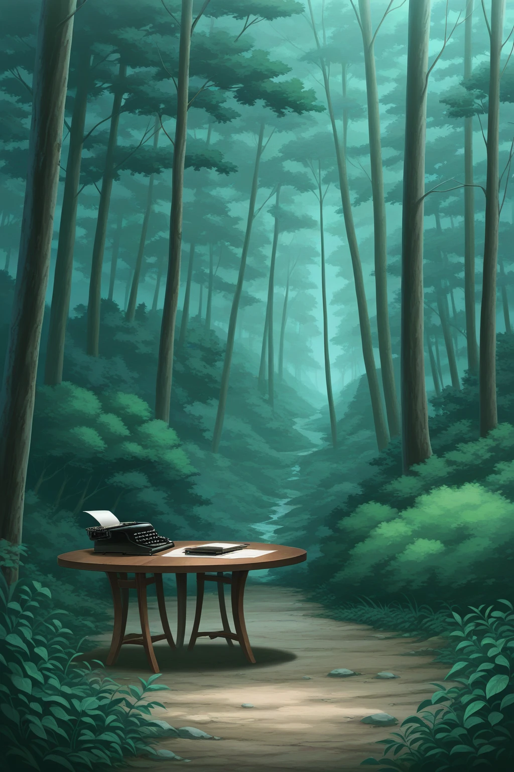 masterpiece,best quality,amazing quality, highres, absurdres, official art, official style, dynamic shading, dynamic coloring, extremely detailed, BREAK
beautiful scenery, nature, table, typewriter
