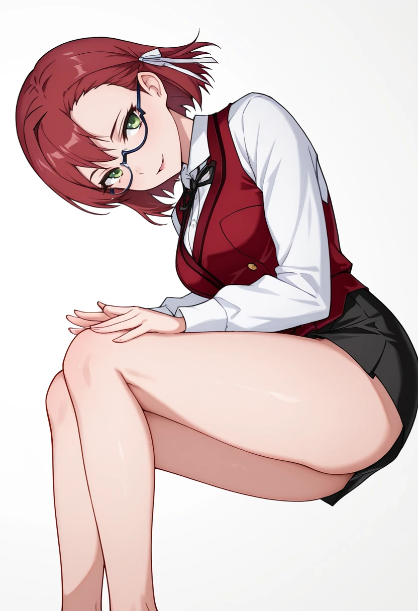 ultra-detailed, Explicit, Beautiful body, Beautiful Nose, Beautiful character design, perfect eyes, perfect face, ultra highres, 4K, beautiful legs, perfect legs, Nice hands, Perfect hand, Masterpiece, Best Quality, Highly detailed, illustration, absurdres, perfect anatomy, (black delmo uniform, jacket, tight black miniskirt), white stripes, extremely glossy latex, large breasts, puffy sleeves, absurdres, highres, solo, cowboy shot, 1girl, perfect hands, wind, (highres,best_quality,masterpiece), hair ornament, medium breast, glasses, red hairband, brown eyes, choker, short hair, brown eyes