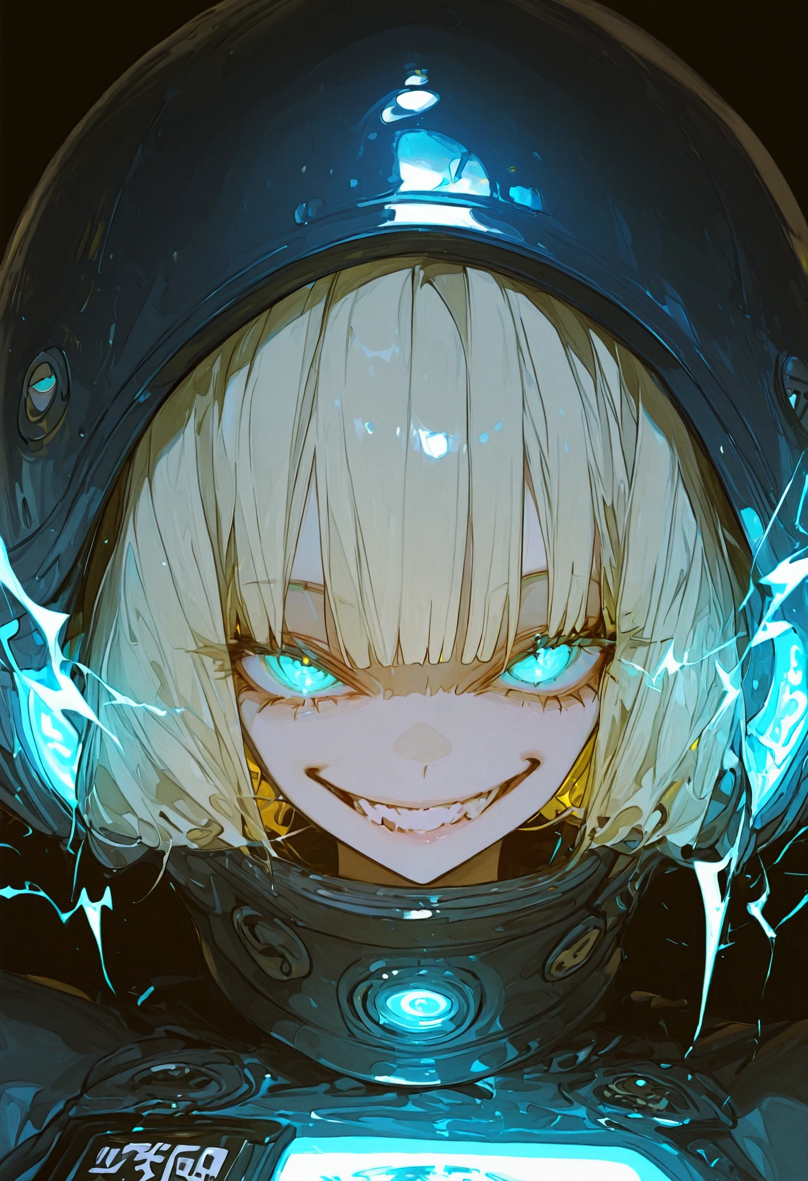 <lora:c2FnYXdhX2dhd2E=-illustriousXL_v01_V1-CAME>, c2Fn, 1girl, helmet, blonde hair, solo, smile, electricity, grin, glowing eyes, looking at viewer, evil smile, glowing, evil grin, teeth, blue eyes, aqua eyes, name tag, short hair, crazy eyes