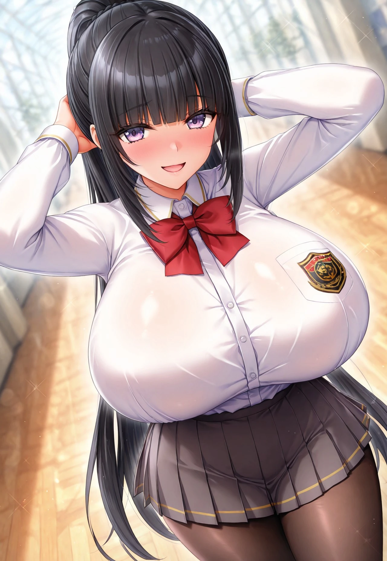 derauea, (masterpiece:1.3), absurdes, highly detailed portrait, highres, high quality, best quality, high resolution, best quality, detailed eyes, high resolution portrait, official art, source anime, dynamic angle, standing, looking at viewer, smile, best hands, detailed background, hands behind head, swaying , open mouth,
Break,
1girl, chichizaki momina, black hair, long hair, high ponytail, purple eyes, , tall female, school uniform, white shirt, long sleeves, pleated skirt, buttoned up shirt, black pantyhose, red bowtie, crest on shirt, usaki academy school uniform, 