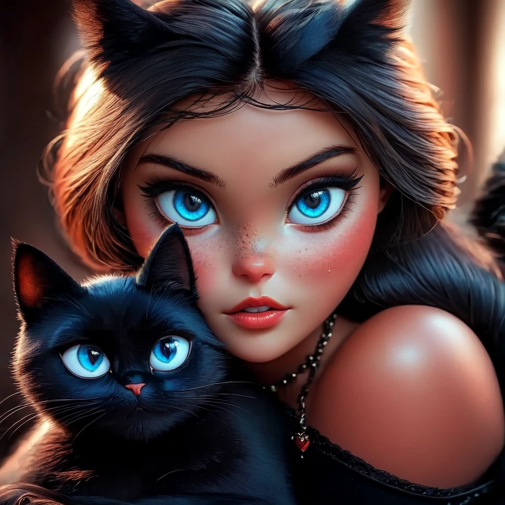 3D Fairytales, The image shows a woman with blue eyes and a black cat sitting on her lap. She has a human face and is wearing a necklace., 1girl, cat, jewelry, looking at viewer, black cat, animal, freckles, necklace, solo, bare shoulders <lora:3D_FairytalesSDXL:1>