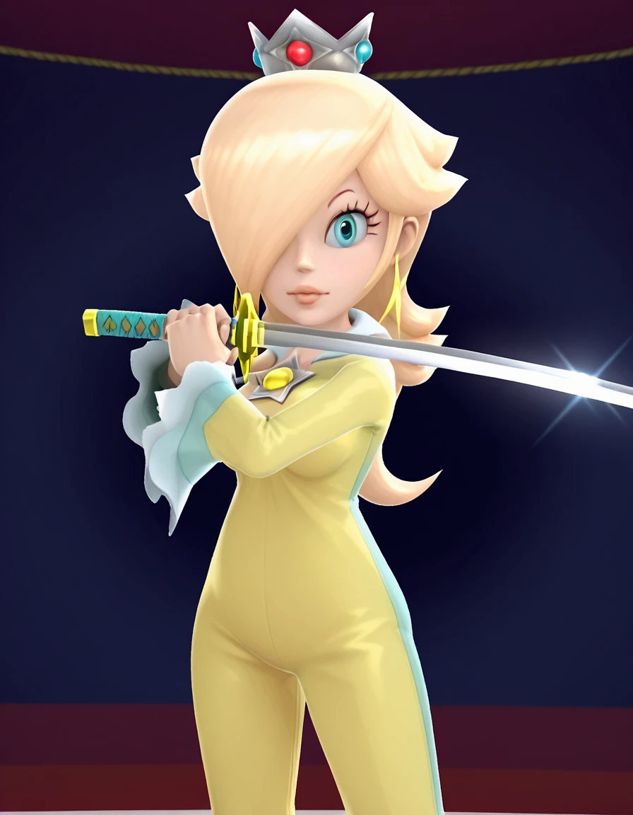 masterpiece, best quality, amazing quality,, <lora:rosalina-super-mario-galaxy-ingame-illustriousxl-lora-nochekaiser:1>, rosalina, blonde hair, blue eyes, hair over one eye, long hair, 3d, mature female, medium breasts, anime screencap,, <lora:sword-guard-stance-illustriousxl-lora-nochekaiser:1>, sword guard stance, sword, weapon, solo, katana, holding, holding weapon, holding sword, looking at viewer, jumpsuit, yellow jumpsuit, high collar, cowboy shot, pants,,