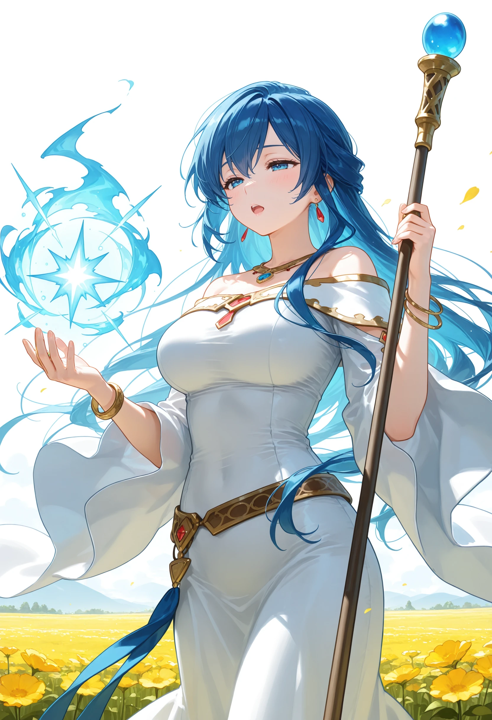 masterpiece、highest quality、Very detailed、shape、Sage_(dq3)、1 adult female、(holding staff, staff:1.3)、alone、Long Hair、Blue Hair、Circlet、red eye chest、Yellow gloves、White Dress、belt、Cape、boots、Pink Earrings、Cleavage、Expose your shoulders、whole body、Grass、Wind lift、Simple Background、White Background、Beautiful Face、Draw in detail、Lie、whole bodyを描く