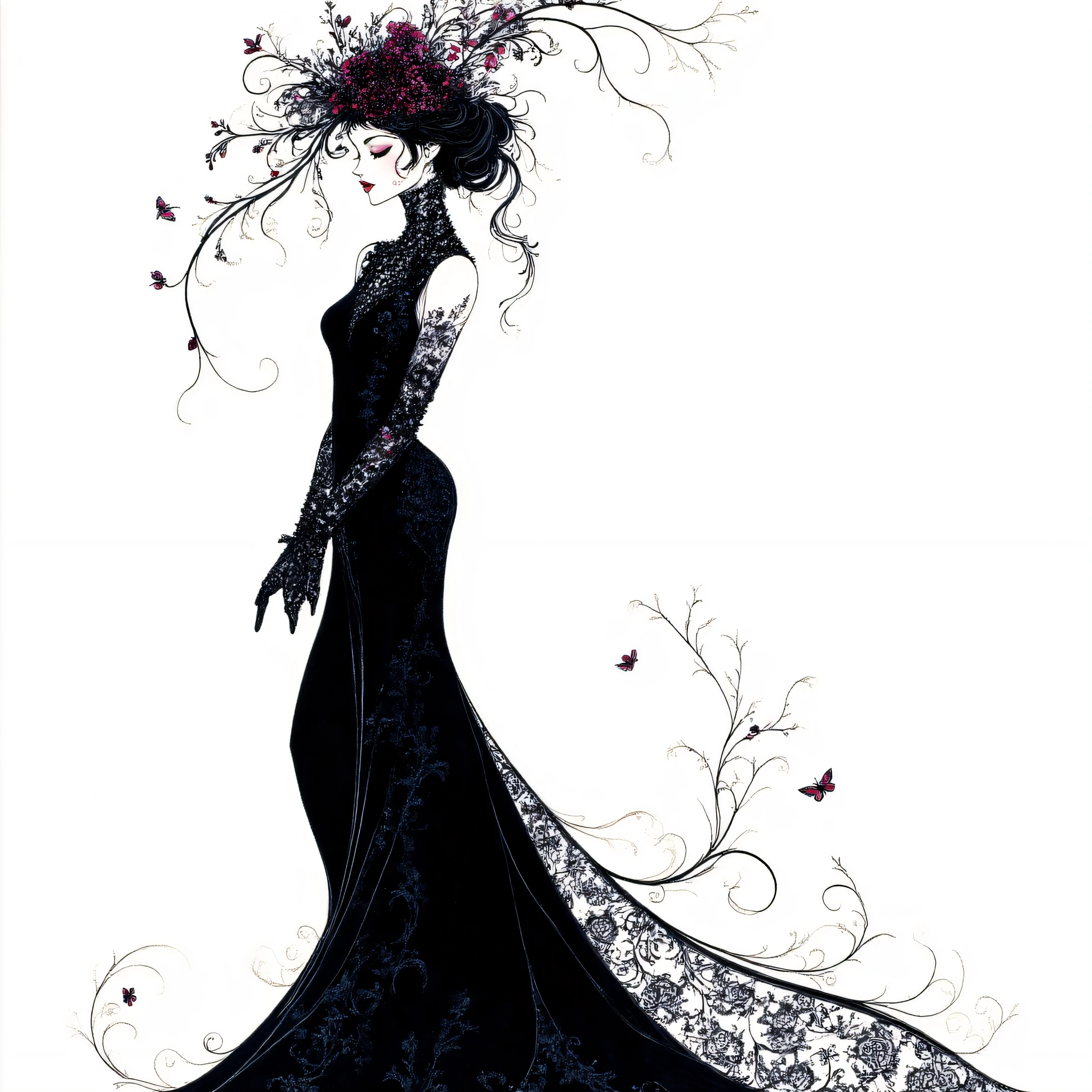 Art Nouveau Fashion illustration, The image shows a woman in a black and white dress with flowers on her head standing against a white background. Her dress is adorned with intricate details such as lace beading and a long train. Her hair is long and flowing cascading down her back. She has a gentle expression on her face and her eyes are closed as if she is in a peaceful state., 1girl, solo, dress, black hair, bug, closed eyes, elbow gloves, black dress, gloves, butterfly