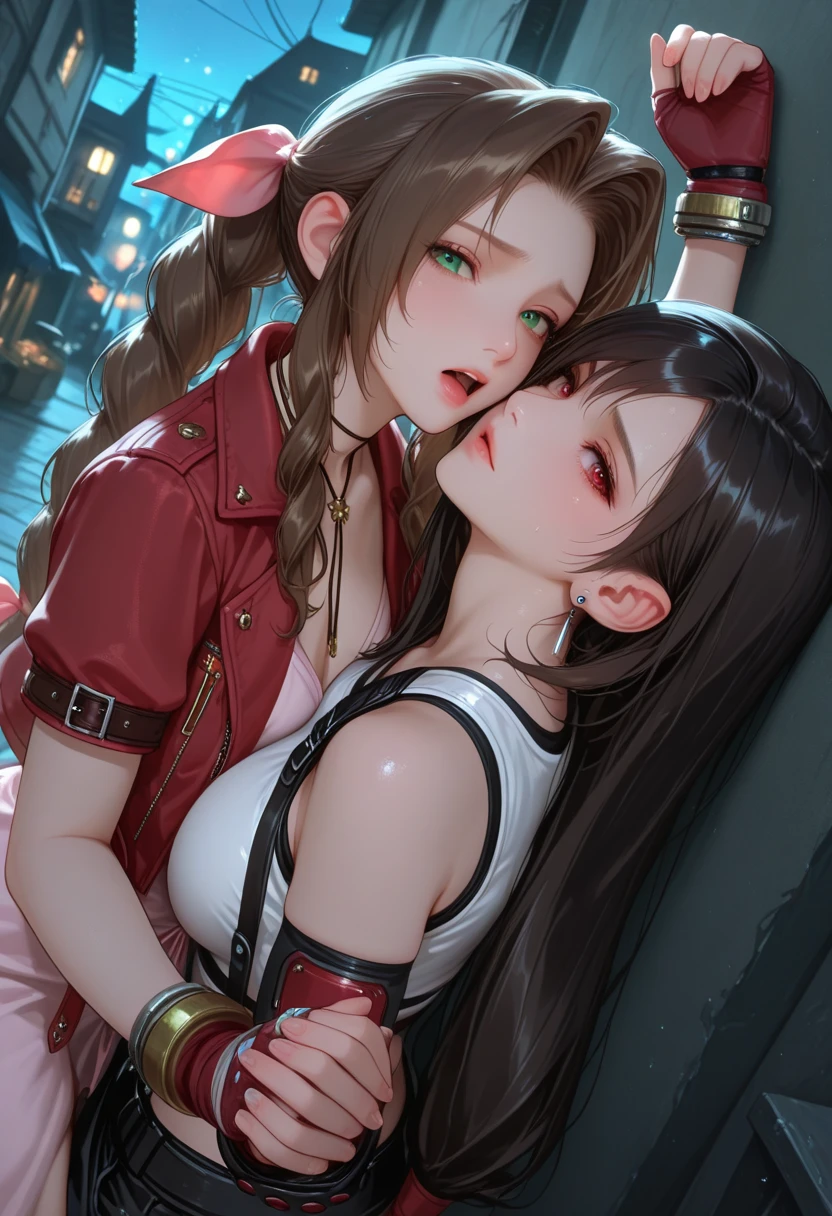 masterpiece,best quality,high resolution,very aesthetic,absurdres,newest,professional,high-quality,hyper-realistic,2girls,
aerith gainsborough,brown hair,green eyes,long hair,braided ponytail,medium breasts,
tifa lockhart,black hair,long hair,red eyes,large breasts,
serious,motion lines,moaning,golden aura,
depth of fields,dutch angle,outdoors,town,night,
SLLT,holding hands,interlocked fingers,arm up,looking at viewer,