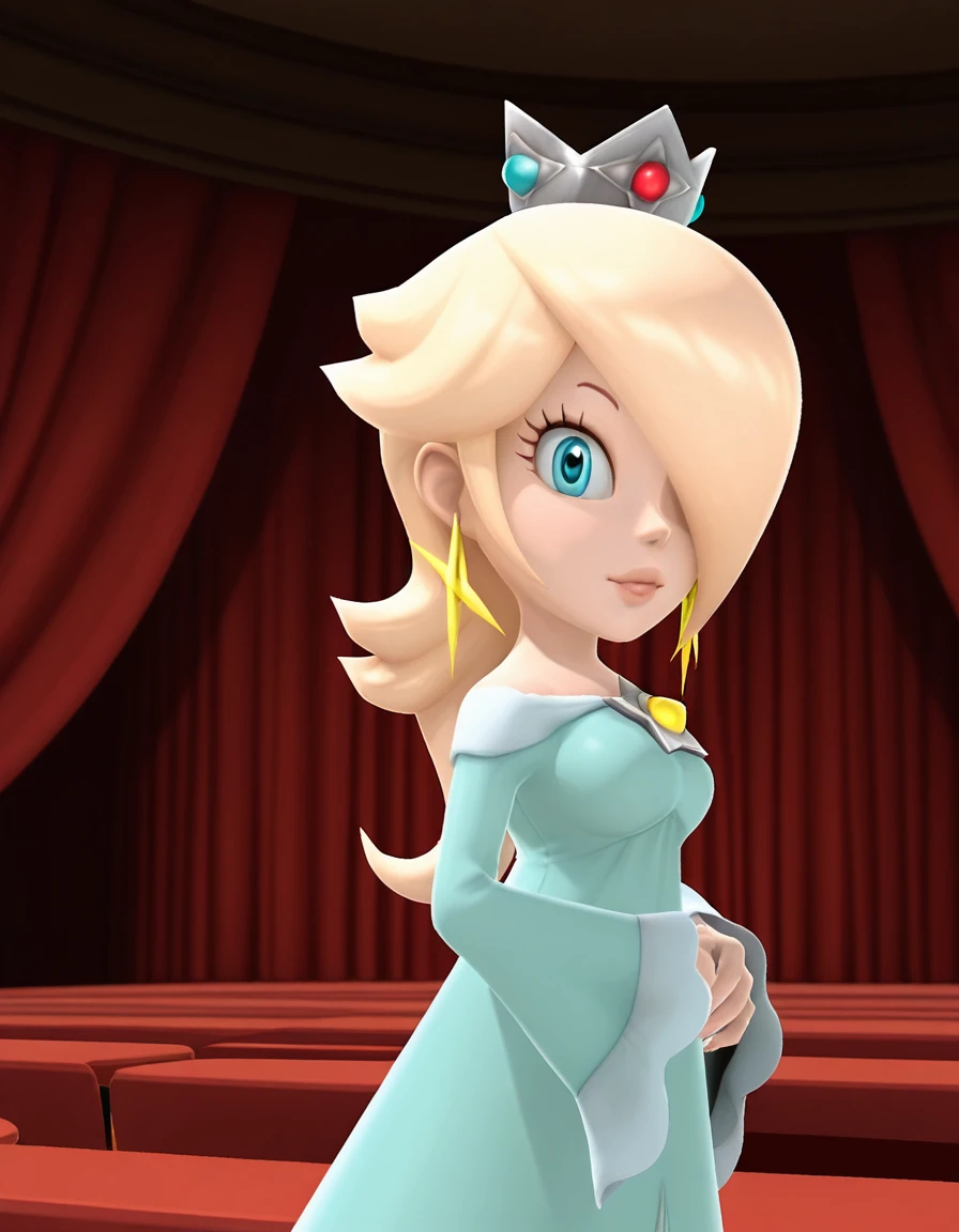 masterpiece, best quality, amazing quality,, <lora:rosalina-super-mario-galaxy-ingame-illustriousxl-lora-nochekaiser:1>, rosalina, blonde hair, blue eyes, hair over one eye, long hair, 3d, mature female, medium breasts, anime screencap,, blue dress, crown, dress, earrings, jewelry, princess, robe, star earrings,, from side, theater, stage, seats, performance, curtains, cowboy shot, solo, looking at viewer