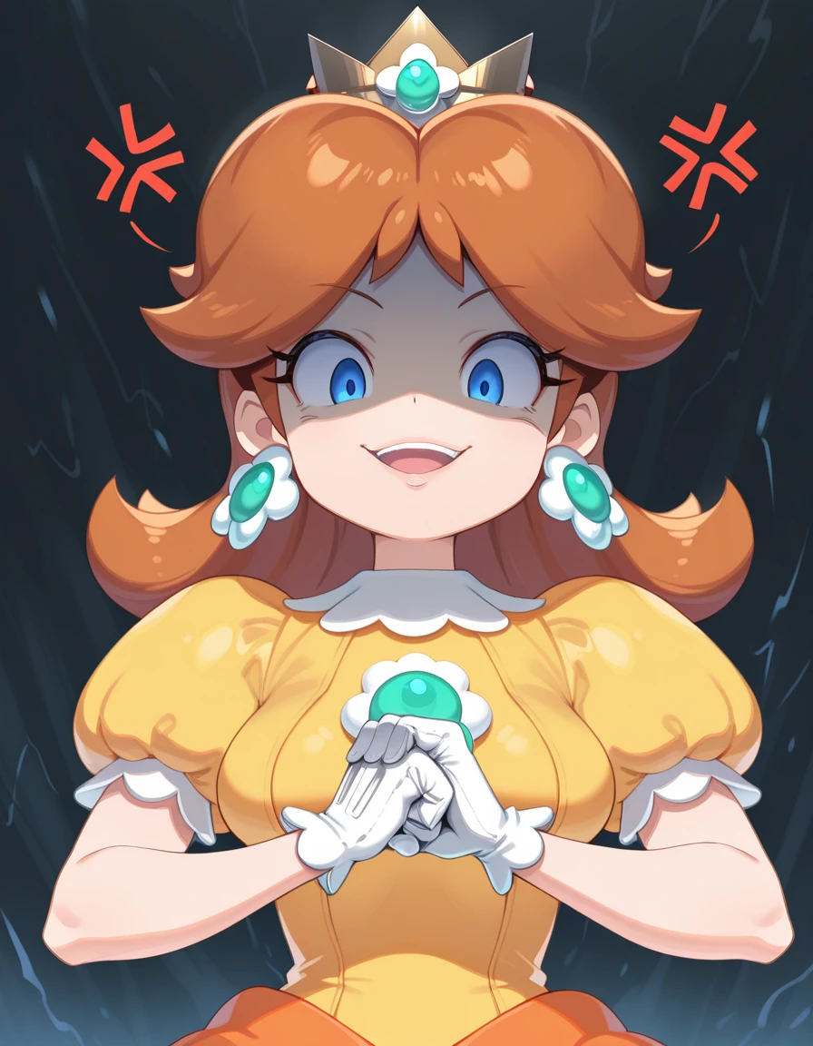 masterpiece, best quality, amazing quality,, <lora:princess-daisy-illustriousxl-lora-nochekaiser:1>, princess daisy, blue eyes, long hair, orange hair, mature female, medium breasts,, <lora:cracking-knuckles-illustriousxl-lora-nochekaiser:1>, cracking knuckles, shaded face, open mouth, looking at viewer, looking down, fist in hand, own hands together, anger vein, false smile,,
