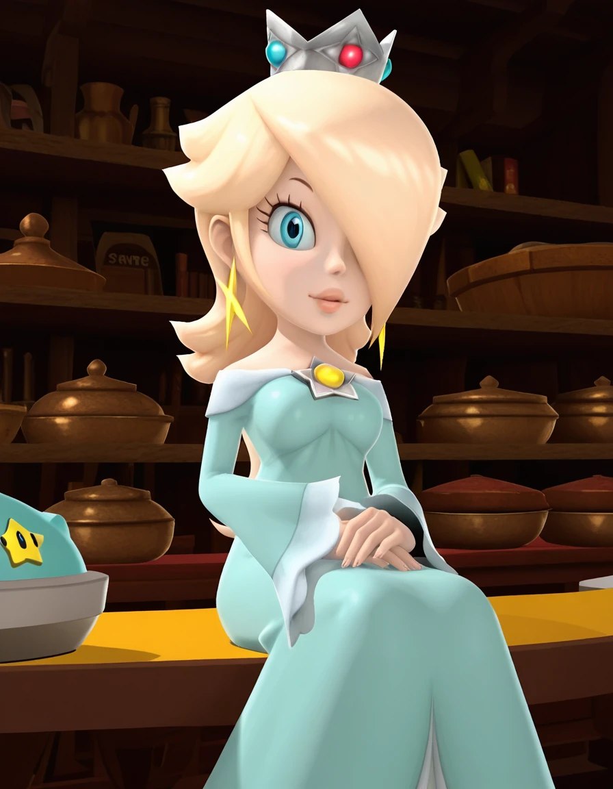 masterpiece, best quality, amazing quality,, <lora:rosalina-super-mario-galaxy-ingame-illustriousxl-lora-nochekaiser:1>, rosalina, blonde hair, blue eyes, hair over one eye, long hair, 3d, mature female, medium breasts, anime screencap,, blue dress, crown, dress, earrings, jewelry, princess, robe, star earrings,, sitting, elbow rest, table,, shop, items, counter, customer, shelves, cowboy shot, solo, looking at viewer
