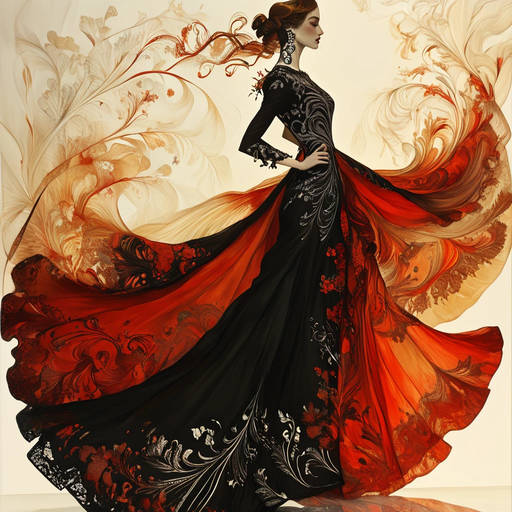 Score_9, score_8_up, score_7_up, score_6_up, BREAK <lora:Art_Nouveau_Fashion_illustrationPony:1> Art Nouveau Fashion illustration, The image shows a woman in a black and red dress with a long train standing against a white background. Her dress is adorned with intricate details such as lace beading and a long skirt that cascades down her back. Her hair is pulled back in a bun and she has a gentle expression on her face., 1girl, solo, dress, white background, full body, black dress, simple background, standing, long hair, profile