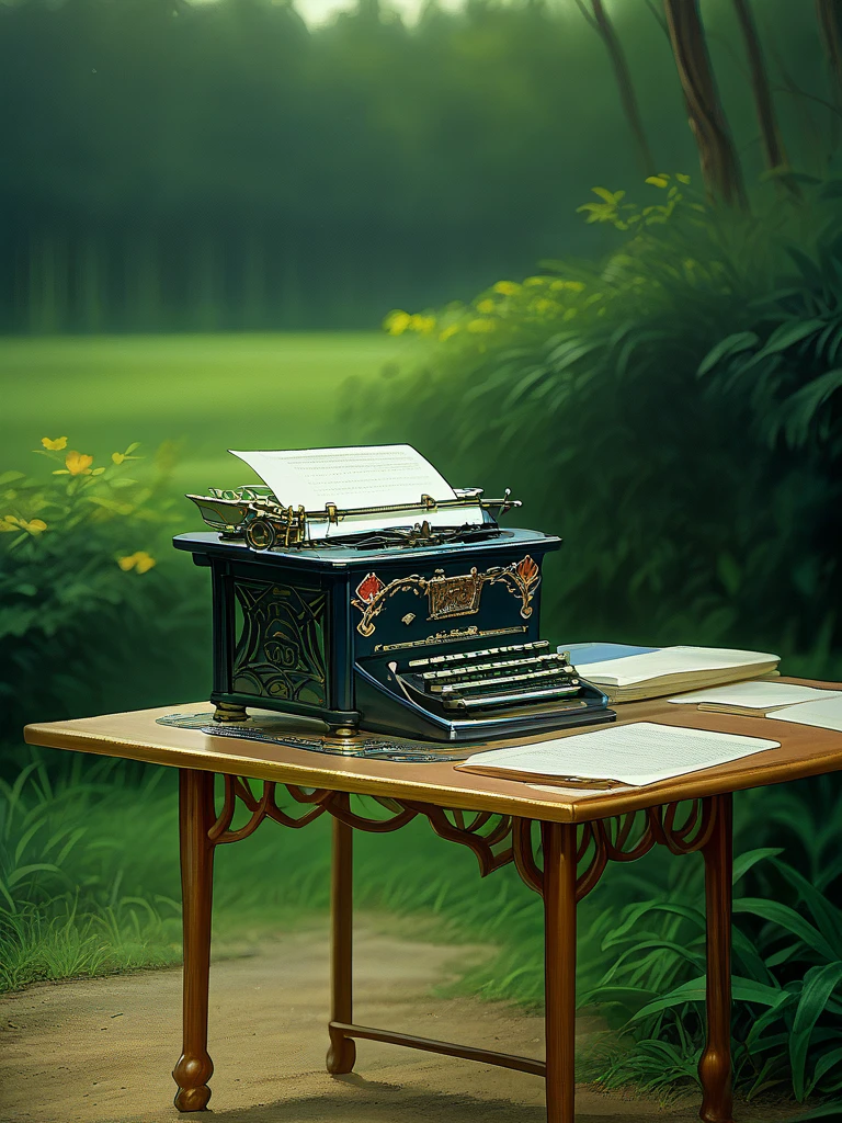 score_9, score_8_up, score_7_up, source_anime, masterpiece,best quality, highres, absurdres, official art, official style, dynamic shading, dynamic coloring, extremely detailed, BREAK
beautiful scenery, nature, table, typewriter