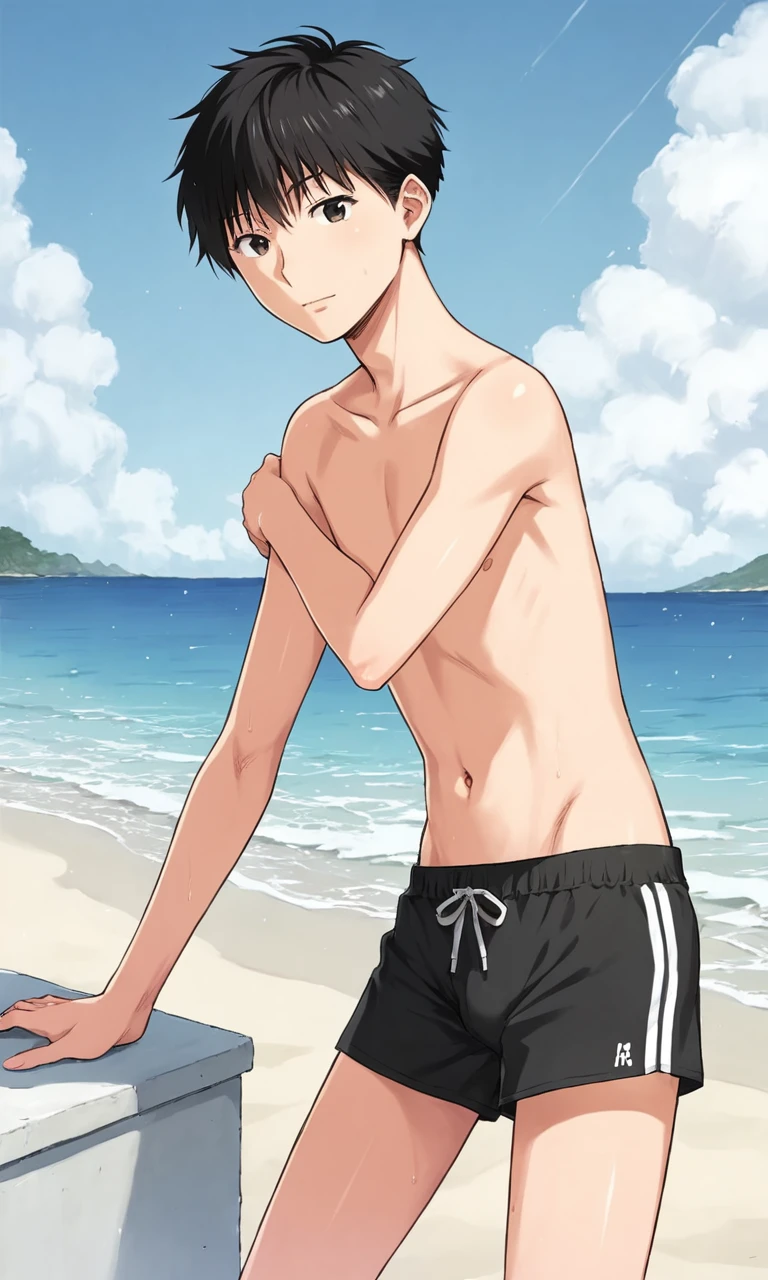 Boy, slim, Cute, Pale white skin, green eyes, Short red hair, on beach, looks shyly at the viewer, smiling, wet, spread legs, ass view, back view, white shorts, lies on the sand, slim boy body, hands in shorts