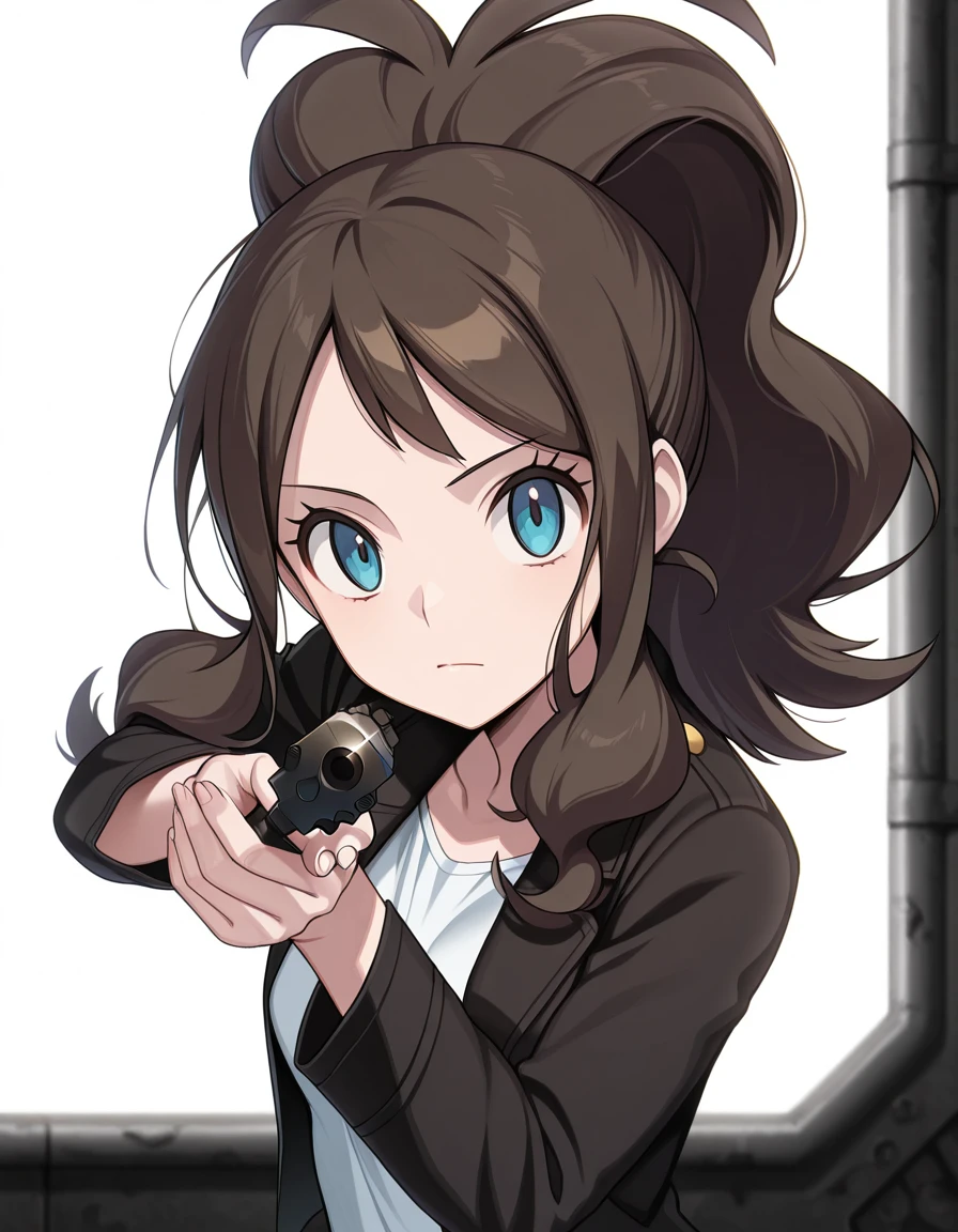 masterpiece, best quality, amazing quality,, <lora:pokemon-hilda-illustriousxl-lora-nochekaiser:1>, hilda, hilda (pokemon), blue eyes, brown hair, long hair, ponytail, mature female, small breasts, anime screencap,, <lora:center-axis-relock-stance-illustriousxl-lora-nochekaiser:1>, center axis relock stance, looking at viewer, holding, closed mouth, weapon, holding weapon, gun, holding gun, handgun, aiming, finger on trigger, aiming at viewer, m1911,,