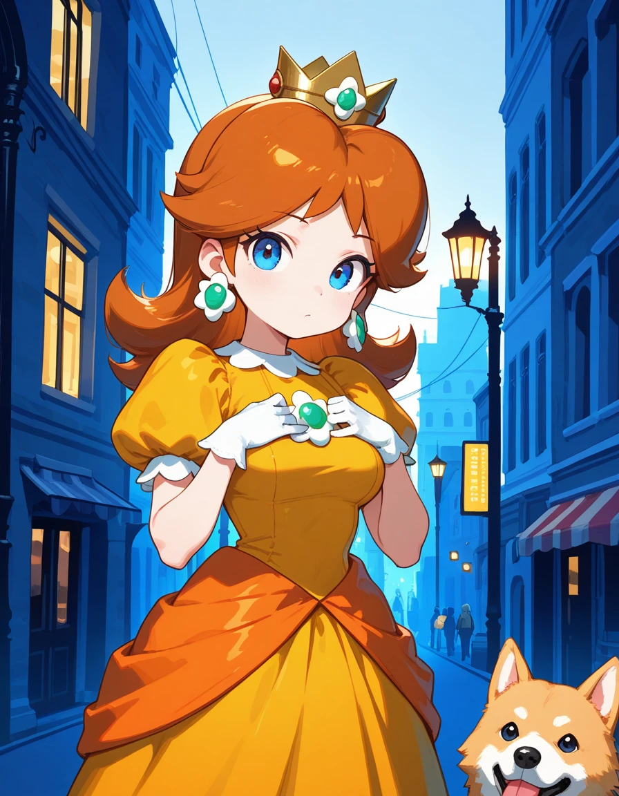 masterpiece, best quality, amazing quality,, <lora:princess-daisy-illustriousxl-lora-nochekaiser:1>, princess daisy, blue eyes, long hair, orange hair, mature female, medium breasts,, crown, daisy, dress, flower, gem, gloves, orange dress, puffy short sleeves, puffy sleeves, short sleeves, white gloves,, hands on own chest,, city street, evening, streetlights, walking dog, quiet neighborhood, gentle breeze, cowboy shot, solo, looking at viewer