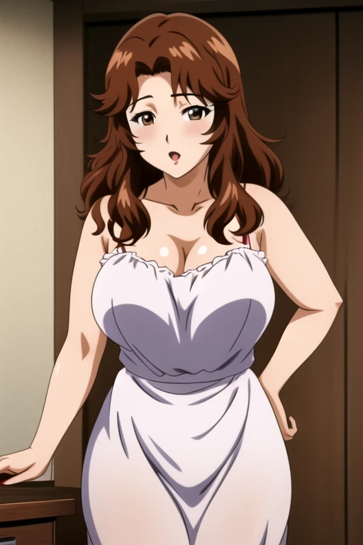 perfect eyes:1.2, detailed eyes:1.4, hall, smile, chandelier, medium hair, Kurayoshi_R, cleavage, large breasts, white dress, long dress, medium full shot, thigh-level shot, 1girl,(masterpiece:1.6, best quality),