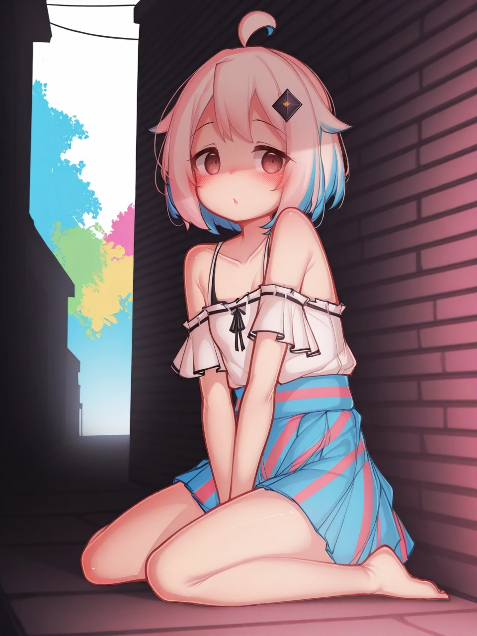 score_9, score_7_up, best quality, ultra-detailed, highres , 2d, high contrast, colorful background, dark image, shade, dramatic lighting,
barefoot, striped, bare shoulders, solo, two-tone hair, cute, outdoors, fully clothed, skirt,
<lora:Mochikushi:1>, mochikushi, lineart,